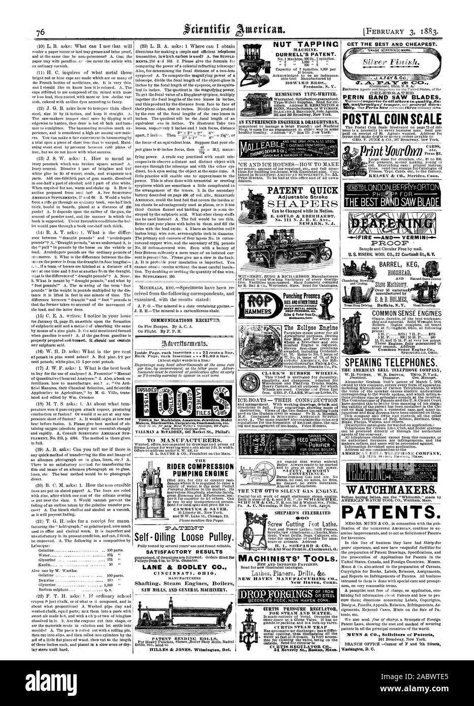 Mutter TAPPINC DURRELL DES PATENTS. PATENT SCHNELL verstellbarer Anschlag stirbt und OTNEtTOOLS BLECH SCHUETZLINGE. CLARK'S GUMMIRÄDER. Die Eclipse Engine für Dampf und Wasser NACHWEIS "BARREL FASS sprechende Telefone. Uhrmacher. Zelte. PERIN BANDSÄGEBLÄTTER POST MÜNZE SKALA MASCHINISTEN' TOOLS. NEW HAVEN MA NI! Tatsache URI NG CO. New Haven Anschl. an die Hersteller. Reiter Komprimierung PUMPEN MOTOR Self-Oiling gelösten Riemenscheibe. Zufriedenstellende Ergebnisse LANE BODLEY & Co. CINCINNATI OHI, Scientific American, 1883-02-03 Stockfoto