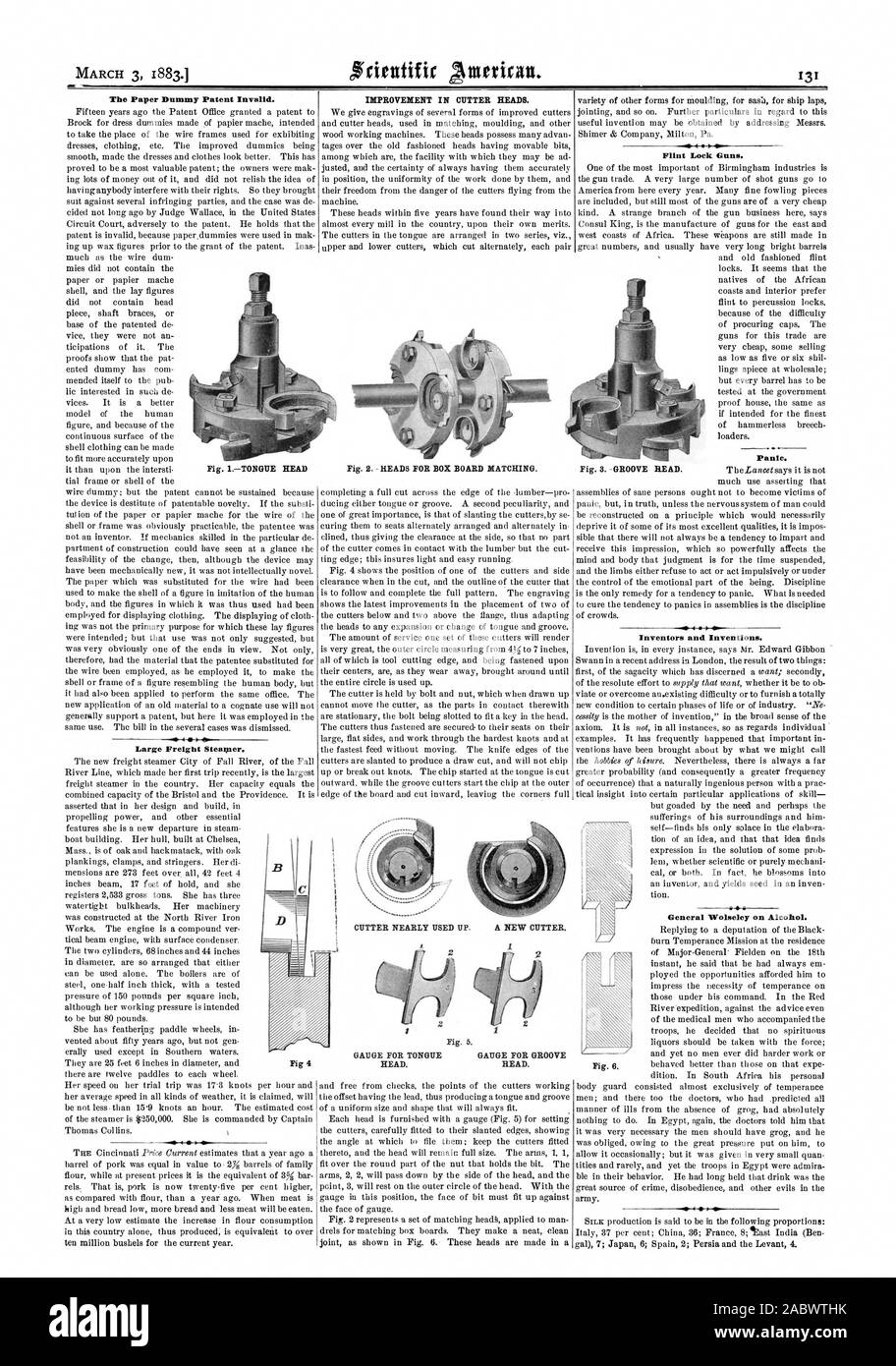 Das Papier Dummy Patent ungültig. Große Fracht Steamier. Verbesserung der FRÄSKÖPFE. CUTTER FAST VERBRAUCHT. Einen neuen Cutter. Feuerstein Lock Pistolen. Erfinder und Erfindungen. Allgemeine Wolseley auf Alkohol. Abb. 4 MANOMETER FÜR ZUNGE MANOMETER FÜR GROOVE KOPF. Kopf. Abb. ITONGUE KOPF Abb. 2. - BOX BOARD abgestimmt. Abb. 3. - GROOVE LESEN., Scientific American, 1883-03-03 Stockfoto