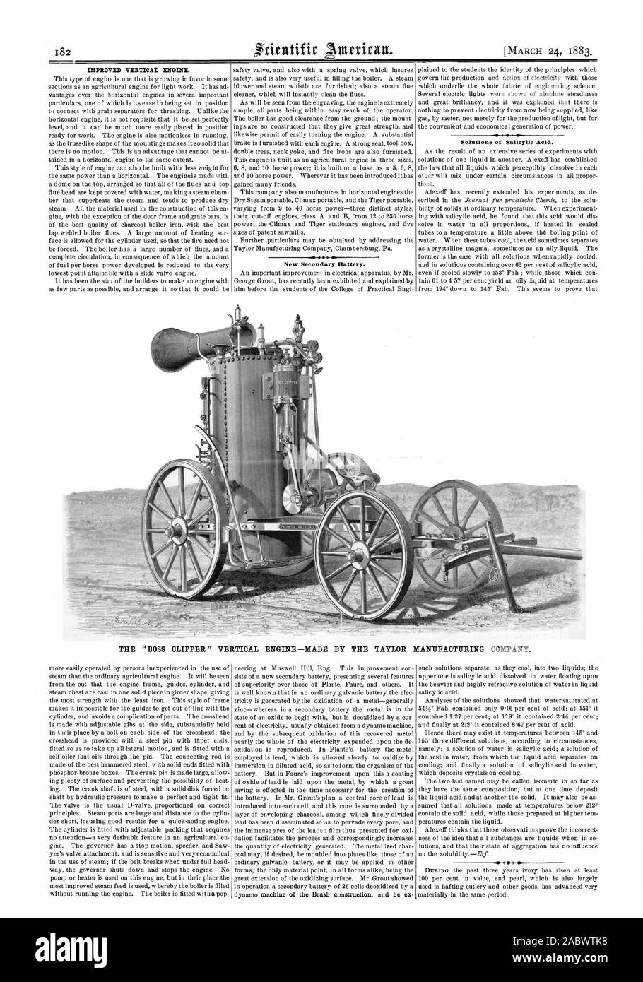 Verbesserte senkrechte Motor. Neue Batterie auf. Lösungen der Salicylsäure. Die 'TAYLOR MANUFACTURING COMPANY BOSS CLIPPER 'Vertikale ENGINEMADE., Scientific American, 1883-03-24 Stockfoto