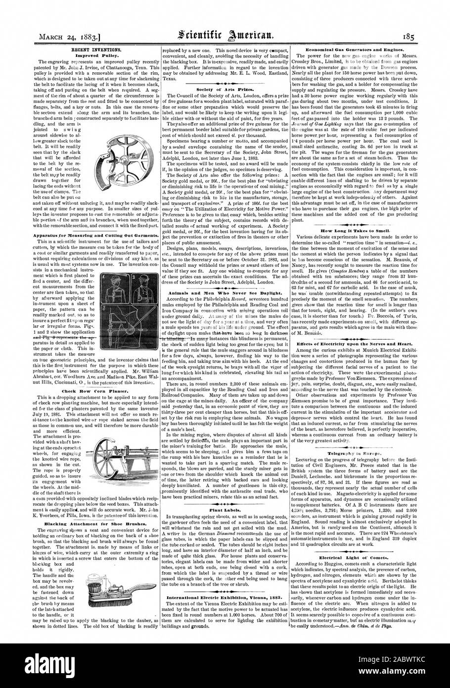 Neue Erfindungen. Verbesserte Riemenscheibe. Apparate und Geräte zum Messen und Schneiden Sie Kleidungsstücke. Überprüfen Mais Pflanzmaschine. Brünieren Anhang für Schuh. Gesellschaft der Künste Preise. Tiere und Menschen, die Sehen nie das Tageslicht. Anlage Etiketten. Internationale Ausstellung Wien 1883. Wirtschaftliche Gas Generatoren und Motoren. Wie lange es dauert, zu riechen. Auswirkungen der Elektrizität auf die Nerven und Herz. Telegrafie iii Europa. Elektrisches Licht von Kometen., Scientific American, 1883-03-24 Stockfoto
