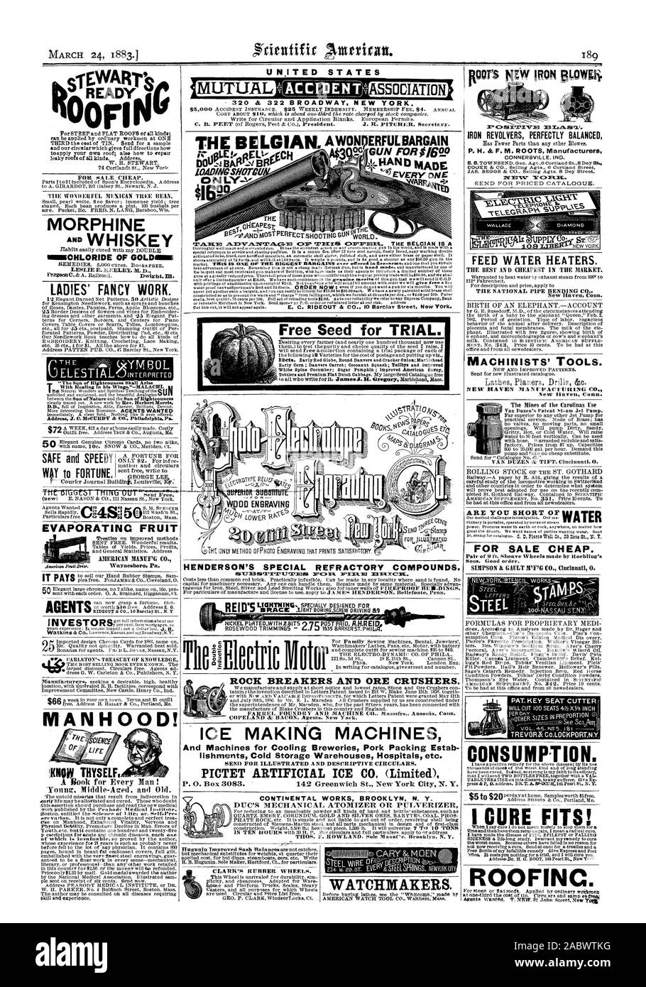 Uhrmacher. FEED WARMWASSERBEREITER. Die nationalen ROHRBIEGEN CO New Haven Anschl. ROOFINC. CLARK'S Es UlFFIER Räder. 00 T'S HEY BÜGELEISEN BLOWEli. Bügeleisen Revolver perfekt ausgewogenen CONNERSViLLE IND. DT-WC: ORME. Maschinisten' TOOLS. NEW HAVEN MA NUPACTUIRING CO New Haven Anschl. VERBRAUCH FÜR VERKAUF BILLIG. Söhne. Ordnung. Kostenlose Samen für TRIAL. UNITED STATES GEGENSEITIGE ASSOCIATION''' WADINGSNOTOU tl°.   --= , Scientific American, 1883-03-24 Stockfoto