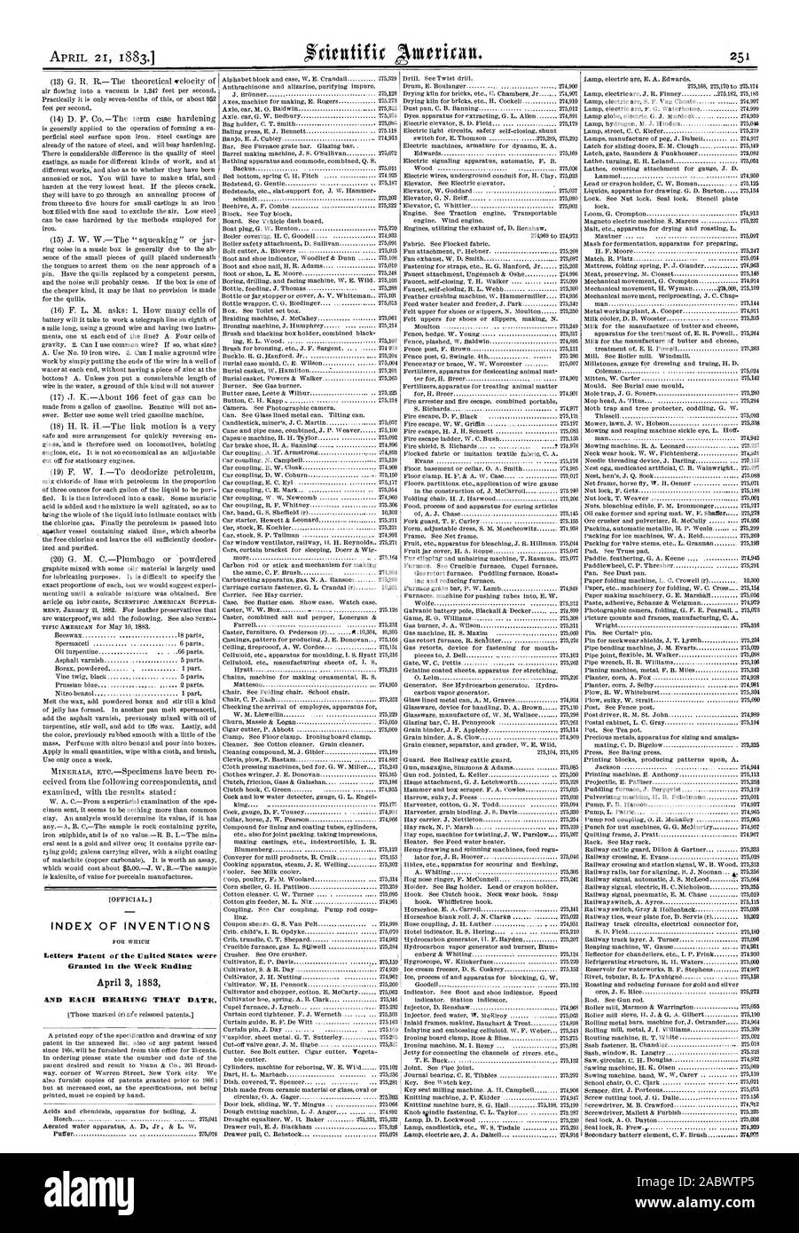 G.R.R - Das theoretische frelocity des INDEX VON ERFINDUNGEN Letters Patent des "Vereinigten Staaten wurden in der Woche bis 3. April 1883, und jeder hörte, dass Datum., Scientific American, 1883-04-21 gewährt Stockfoto