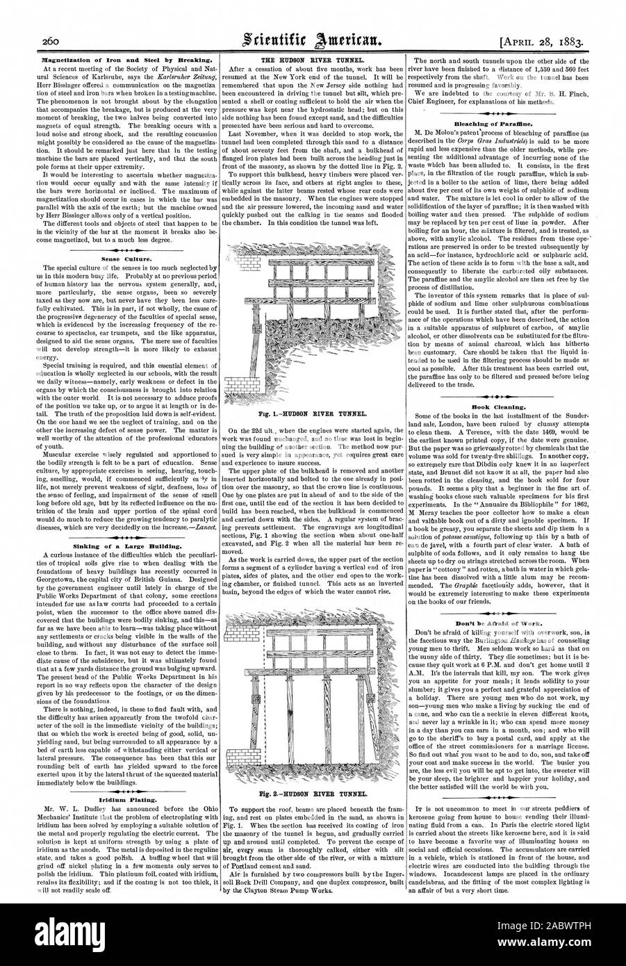260 Magnetisierung von Eisen und Stahl durch Brechen. Sinn Kultur. Untergang eines großen Gebäudes. Die Hudson River Tunnel. Keine Angst vor der Arbeit. Bleichen von Paralfine. 4 IP-Buch Reinigung. HUDSON RIVER TUNNEL. Iridium Beschichtung., Scientific American, 1883-04-28 Stockfoto