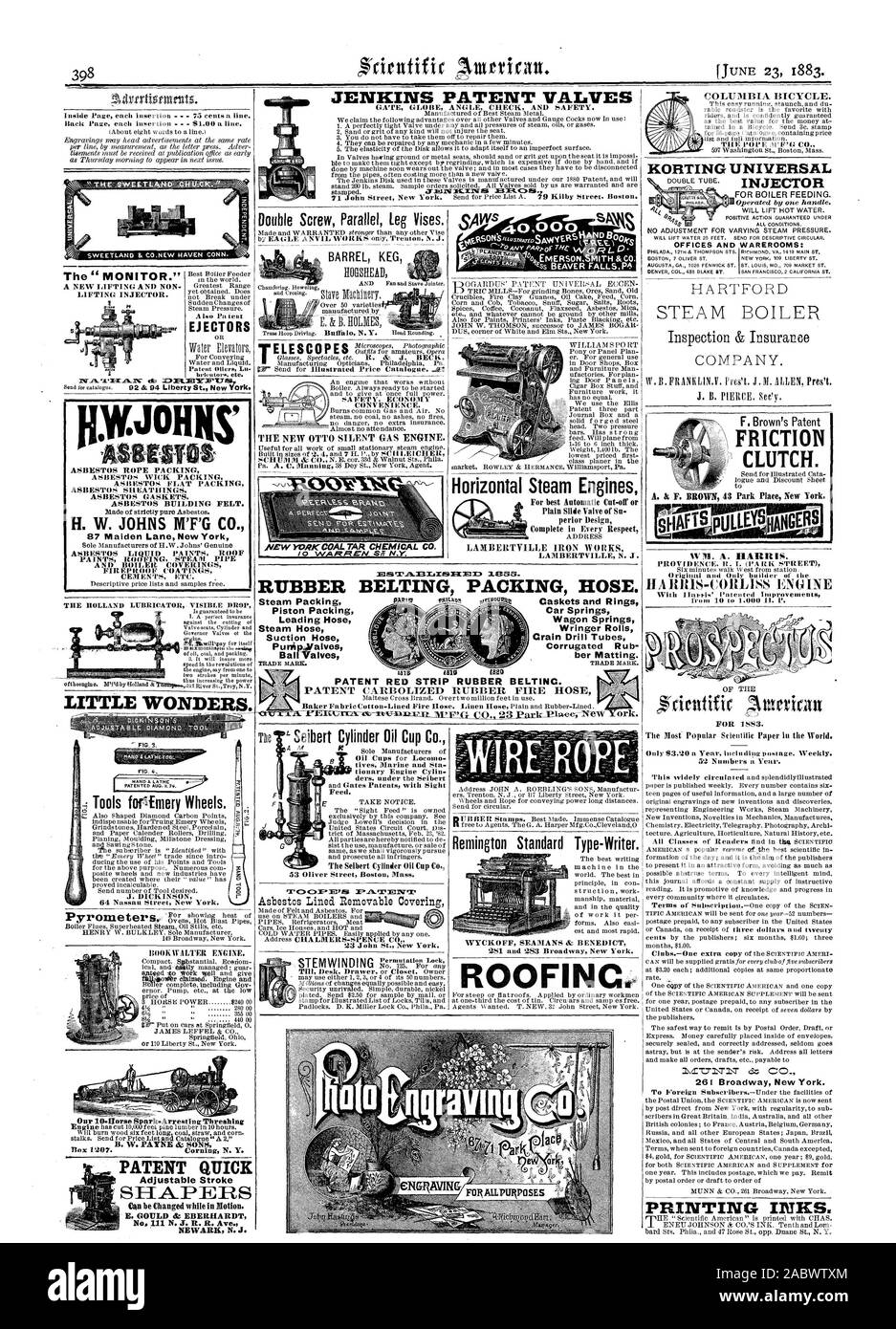 Die 'überwachen." EINE NEUE EINSPRITZDÜSE ANHEBEN UND NICHT ANHEBEN. Das HOLLAND KLEINE WUNDER. 64 Nassau Street New York. PATENT SCHNELL verstellbarer Anschlag Shaper doppelte Schraube Parallel Bein Schraubstöcke. Dampf Verpackung Kolbendichtung führenden Schlauch Dampf Schlauch Saugschlauch Kugelhähne L Seibert Zylinder Öl Schale Co.23 John St. New York. Horizontale Dampfmaschinen LAMBERTVILLE N. J. Schatullen und Ringe Auto Federn Wagen Federn Wringer Brötchen Crain Bohren Rohre Wellrohr Rub ber Matten. Sein FEUER SCHLAUCH Remington Standard Type-Writer. WYCKOFF SEAMANS & BENEDIKT ROOFIN KOFITING UNIVERSAL BÜROS UND WAREROOMS: Der cienttfic EIN Stockfoto