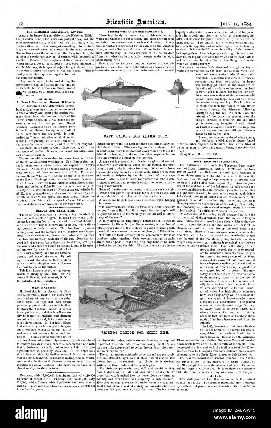 Ein Signal Station am Mount Whitney. Was ist CO2-Fischen mit Fischotter und Kormorane. Oberlauf des Arkansas. 6 CAPT. CATOR IST NEBEL ALARM BOJE. Des FREUNDES BAGGER FÜR SHELL FISCH., Scientific American, 1883-07-14 Stockfoto
