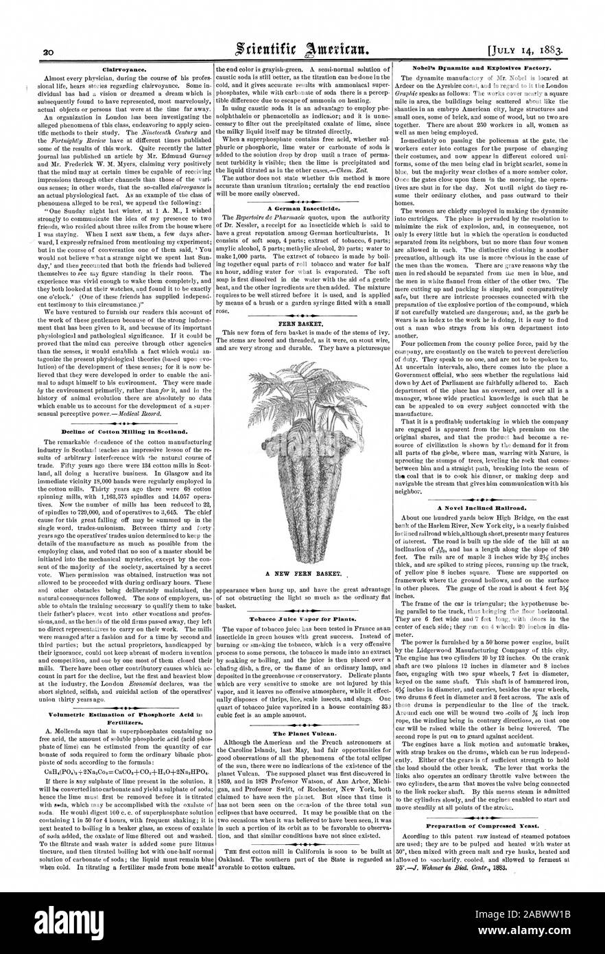 Hellsehen. Rückgang der Baumwolle Fräsen in Schottland. Volumetrische Schätzung der Phosphorsäure in Düngemitteln. Ein deutscher Insektizid. Farn Warenkorb. Eine neue FARN WARENKORB. Tabak Saft Dampf für Pflanzen. Die Planeten Vulkan. Der Nobelpreis Dynamit und Sprengstoff Fabrik. Ein Roman geneigt, Eisenbahn. 1 Vorbereitung von Presshefe., Scientific American, 1883-07-14 Stockfoto