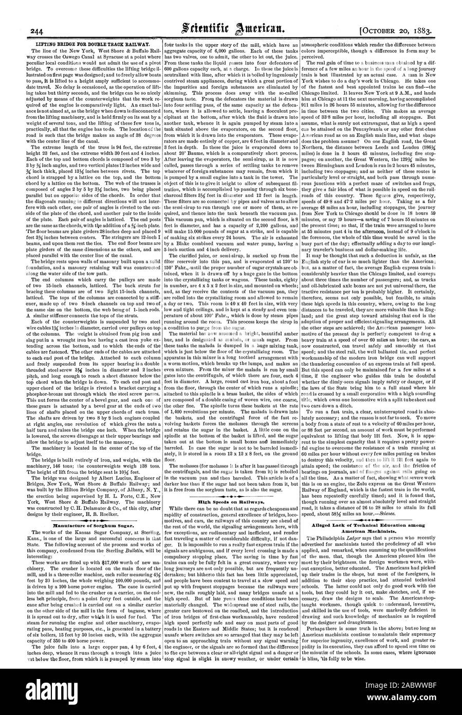 Herstellung von Sorghum Zucker. Hohe Geschwindigkeiten auf Fluren. Angeblich mangelnde technische Ausbildung unter amerikanischen Maschinisten., Scientific American, 1883-10-20 Stockfoto