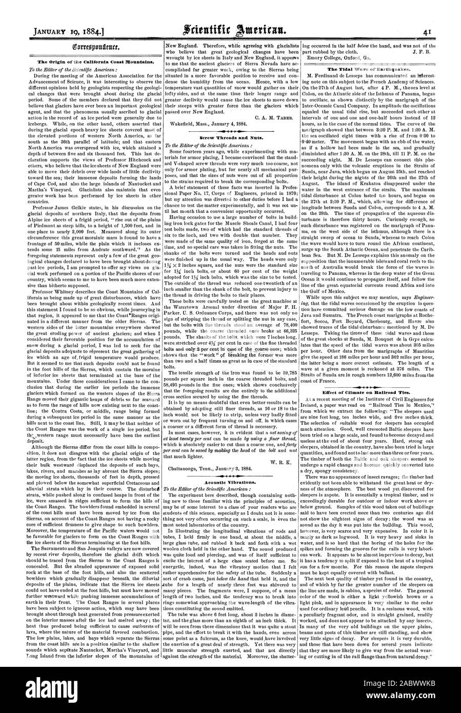Der Ursprung der California Coast Mountains. Gewinde der Schrauben und Muttern. Akustische Schwingungen. Die Flutwelle von Erdbeben. P40. Auswirkungen des Klimawandels auf Bahnschwellen., Scientific American, 1884-01-19 Stockfoto