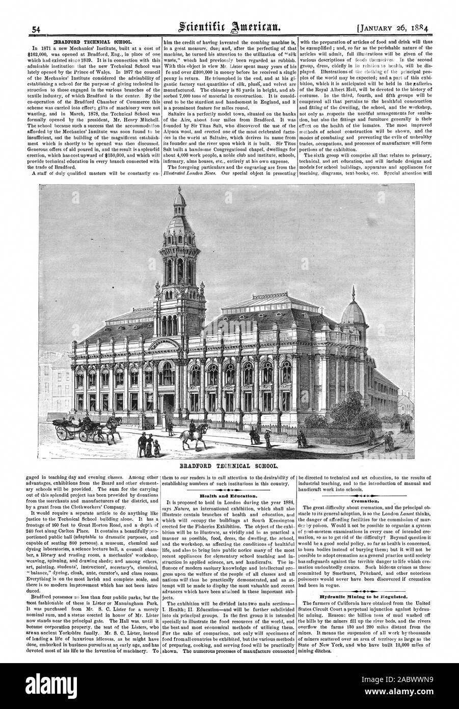 BRADFORD TECHNISCHE SCHULE Gesundheit und Bildung. Feuerbestattung. Hydraulische Bergbau reguliert werden., Scientific American, 1884-01-26 Stockfoto