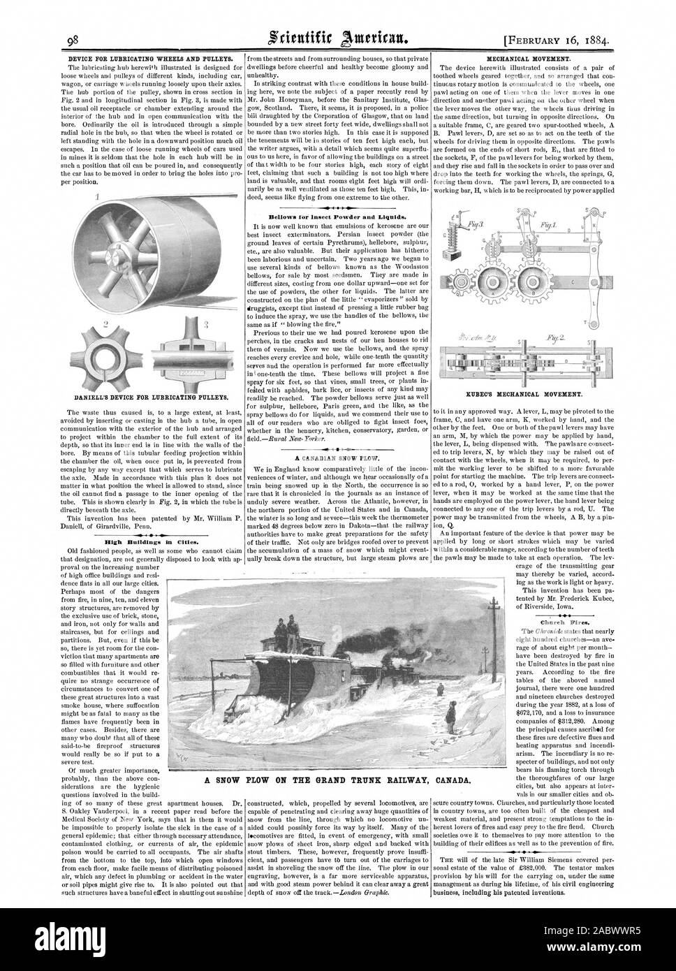 Gerät zum Schmieren der Räder und Rollen. DANIELL'S Gerät für die Schmierung der Riemenscheiben. Faltenbalg für Insekt Pulver und Flüssigkeiten. Eine kanadische SCHNEEPFLUG. Die mechanische Bewegung. 1 ICH KUBEC in mechanische Bewegung. Kirche Brände. Ein SCHNEEPFLUG AUF DER GRAND TRUNK RAILWAY KANADA, Scientific American, 1884-02-16 Stockfoto