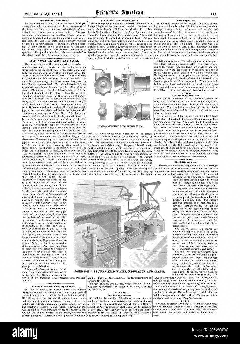 Das Bett Himmel erklärt. Speisewasser REGLER UND ALARM. Die neue Atlantic Telegraph Kabel. Sprachrohr MUNDSTÜCK. Auto Bremse Wettbewerb. Drehspindeln. Rindfleisch Saft gegen Rindfleisch Tee. Hard-Riding Autos. Wasser. JOHNSTON & BROWN'S FEED WASSER REGLER UND ALARM., Scientific American, 1884-02-23 Stockfoto