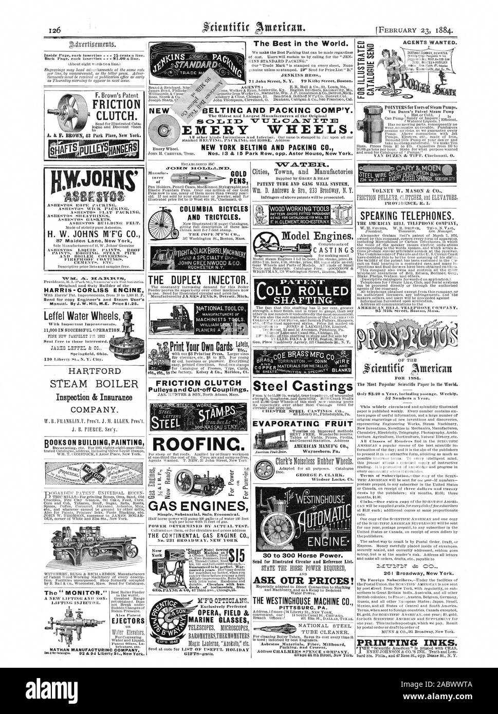 MARINE GLÄSER GASMOTOREN DER CONTINENTAL GAS ENGINE CO. C ALTE GEROLLT SHAFTING. Die 'überwachen. Bin Columbia Fahrräder und Dreiräder. JOHN GREENWOOD & G EMERY RÄDER. NEW YORK BELTING UND VERPACKUNG CO Nr. 13 & 15 Park Row opp. Das Astor House New York. GEORGE S. CLARK Windsor Locks Ct. Amerikanische MANCE % CO.Waynesbor Pa'4'') der Agenten wollten. Van Duzen die Patent Dampf Pumpe sprechende Telefone. Iwf: AMERIKANISCHE DELL III EPIIONE UNTERNEHMEN PoR 1884. Die populärsten wissenschaftlichen Papier beleuchtet die Welt., Scientific American, 1884-02-23 Stockfoto