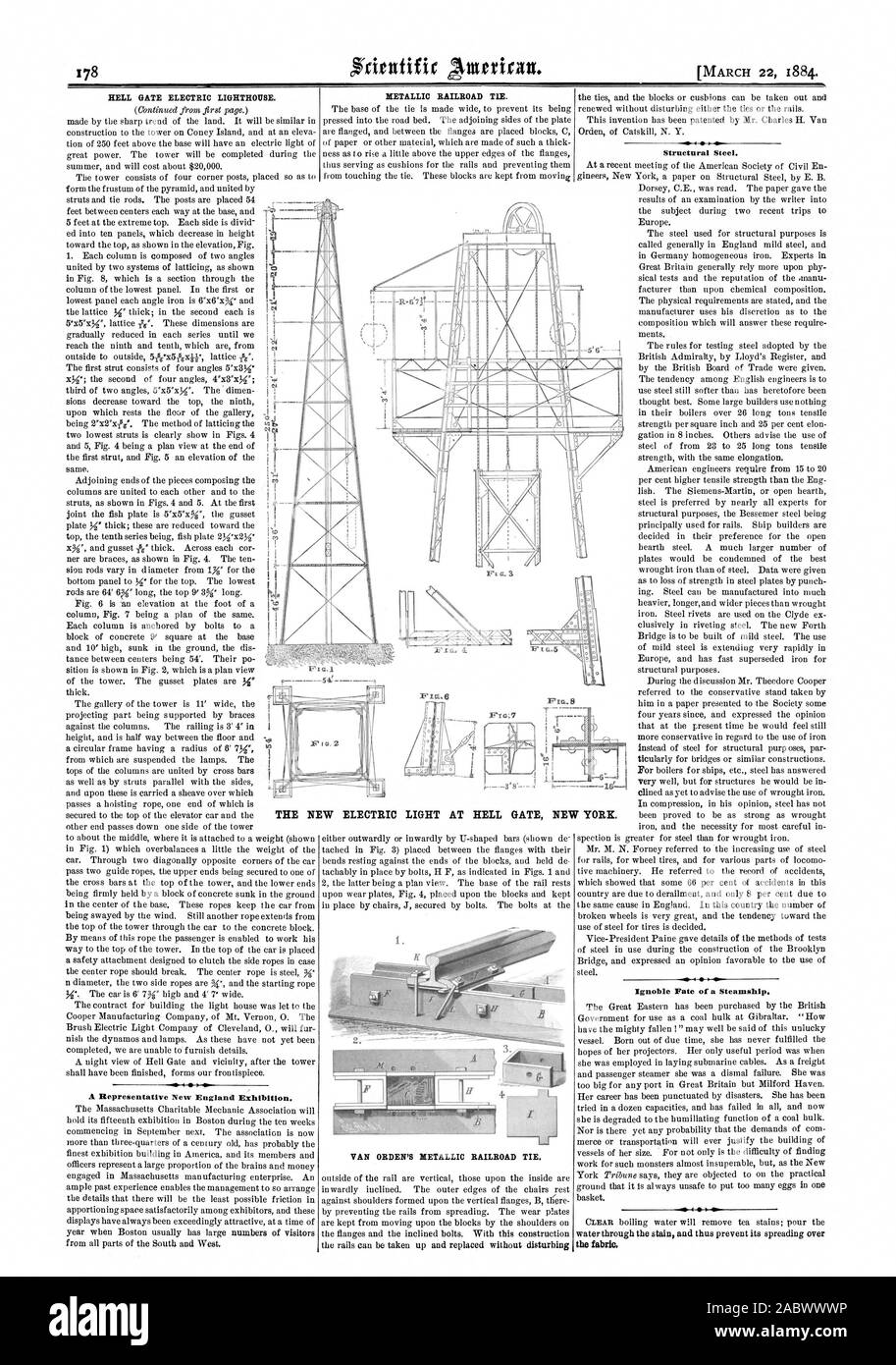 Hölle TOR ELEKTRISCHE LEUCHTTURM. Ein Vertreter New England Ausstellung. Metallische RAILROAD binden. VAN ORDEN DER METALLISCHEN RAILROAD binden. Baustahl. Unwürdige Schicksal eines Dampfschiffes. Ich bin DIE NEUE ELEKTRISCHE LICHT IN DER HELL GATE NEW YORK. Fin 6, Scientific American, 1884-03-22 Stockfoto