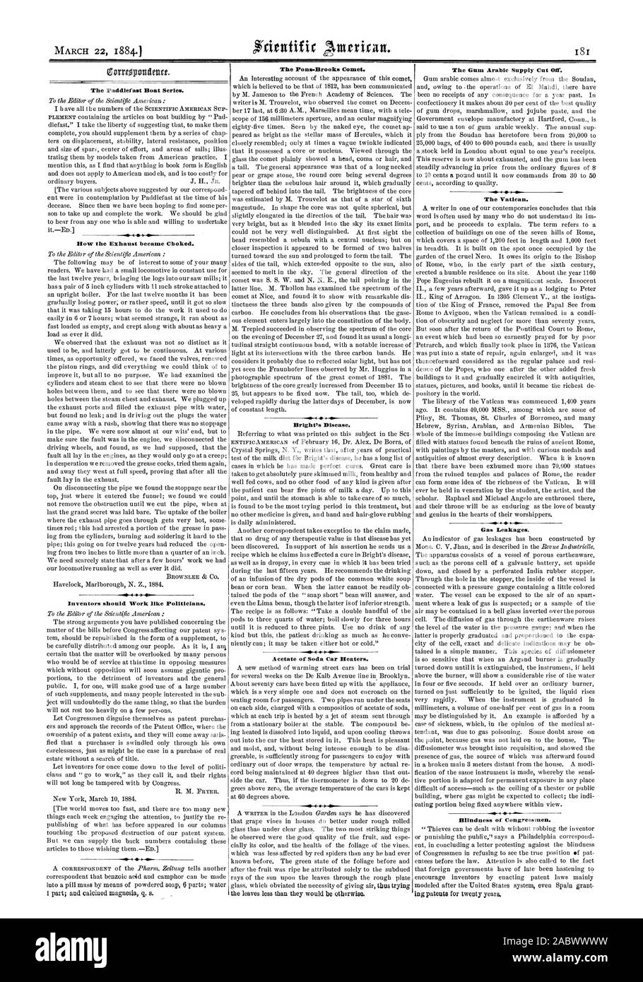 Die Paddlefast Boot Serie. Erfinder sollte funktionieren wie Politiker. Die hellen Krankheit. Acetat von Soda Auto Heizungen. Der Gummi Arabicum Versorgung abgeschnitten. Der Vatikan. Gas Leckagen. Blindheit des Kongressabgeordneten., Scientific American, 1884-03-22 Stockfoto