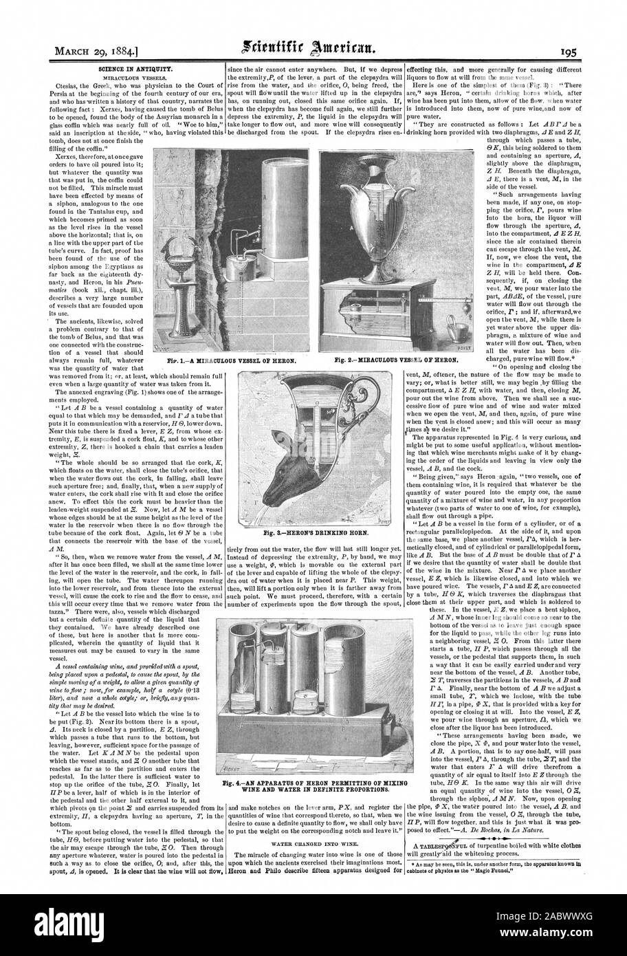 Wissenschaft in der Antike. Abb. 3 HERON'S TRINKHORN. Pie'. IA WUNDERSAME GEFÄSS DER REIHER. Abb. 4 EINE VORRICHTUNG VON HERON GENEHMIGUNGSVERFAHREN DER VERMISCHUNG VON WEIN UND WASSER IN BESTIMMTEN PROPORTIONEN., Scientific American, 1884-03-29 Stockfoto