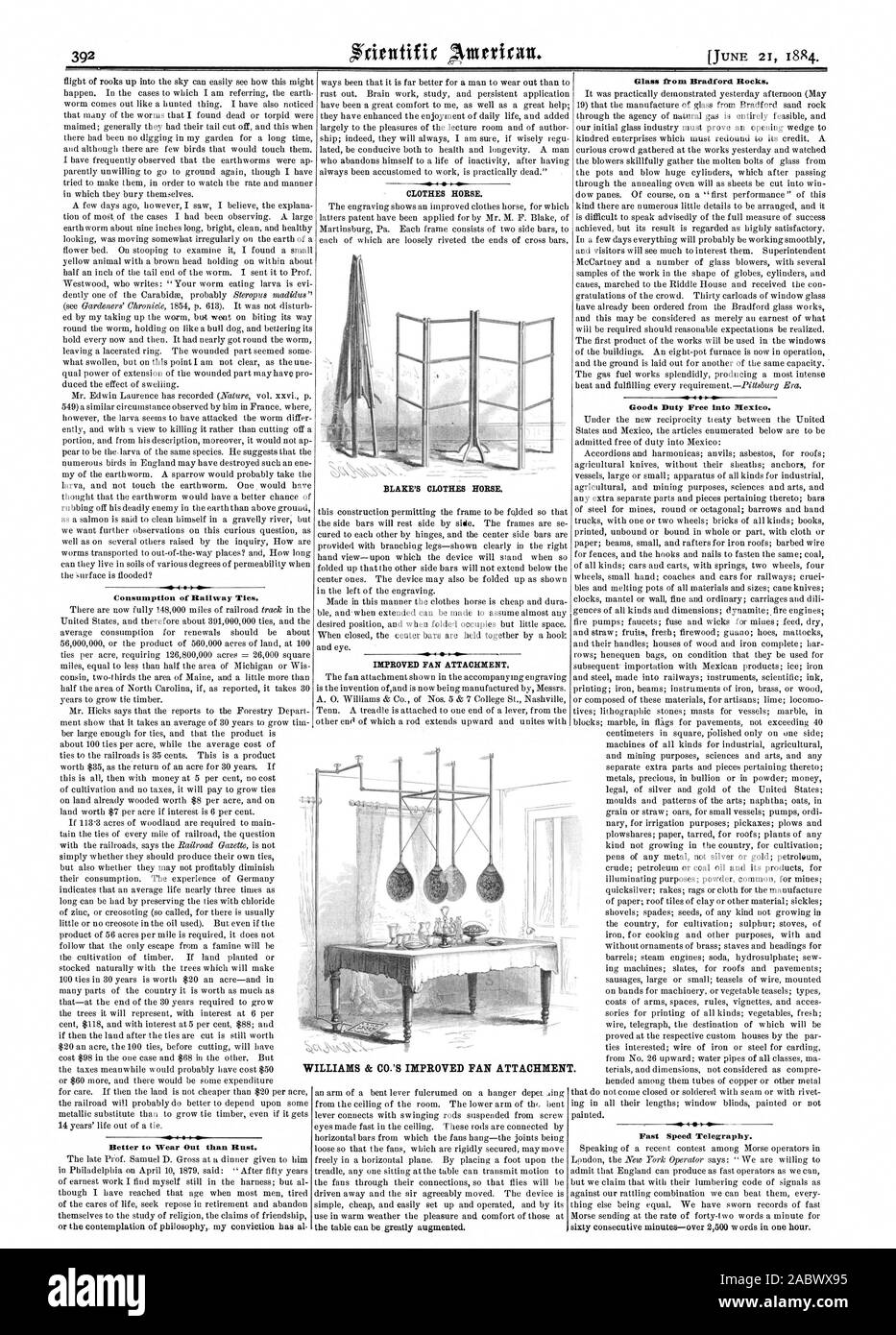 Verbrauch Bahn bindet. Besser zu tragen als Rost. Wass von Bradford Felsen. Waren zollfrei in Mexiko. Schnelle Geschwindigkeit Telegrafie. WILLIAMS & Co. VERBESSERT LÜFTERAUFSATZ., Scientific American, 1884-06-21 Stockfoto