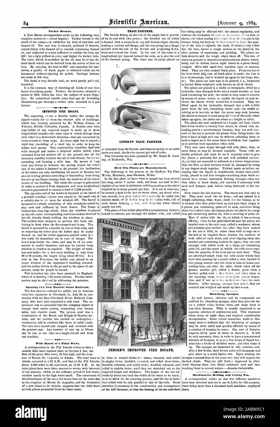 Tucker Bronze. Verbesserte FEUERLEITER. Eröffnung eines neuen elektrischen Straße Eisenbahn. opo Große Reichweite einer Flutwelle. TRACE REISSVERSCHLUSS. Wie Weißblech hergestellt. Bleichen Schwämme. 45 Maschinen für das Rollen und Heilung von Tee. LINDSAY'S TRACE REISSVERSCHLUSS. JENSEN VERBESSERTE FEUERLEITER., Scientific American, 1884-08-09 Stockfoto