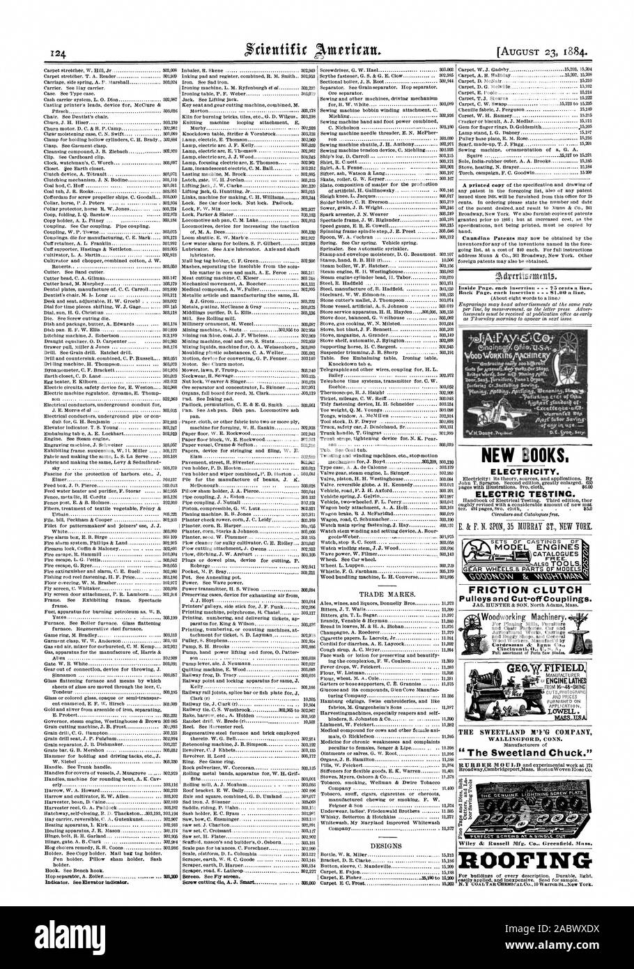 Marken. Neue Bücher. Elektrizität. Elektrische Prüfung. Reibkupplung Riemenscheiben und Cut-offCouplings. GEO: W: FIFIELD LOWELL "Sweetland Chuck." Dach c Höchsten" sfaraollo von MODELLMOTOREN KATALOGE DESIGNS, Scientific American, 1884-08-23 Stockfoto