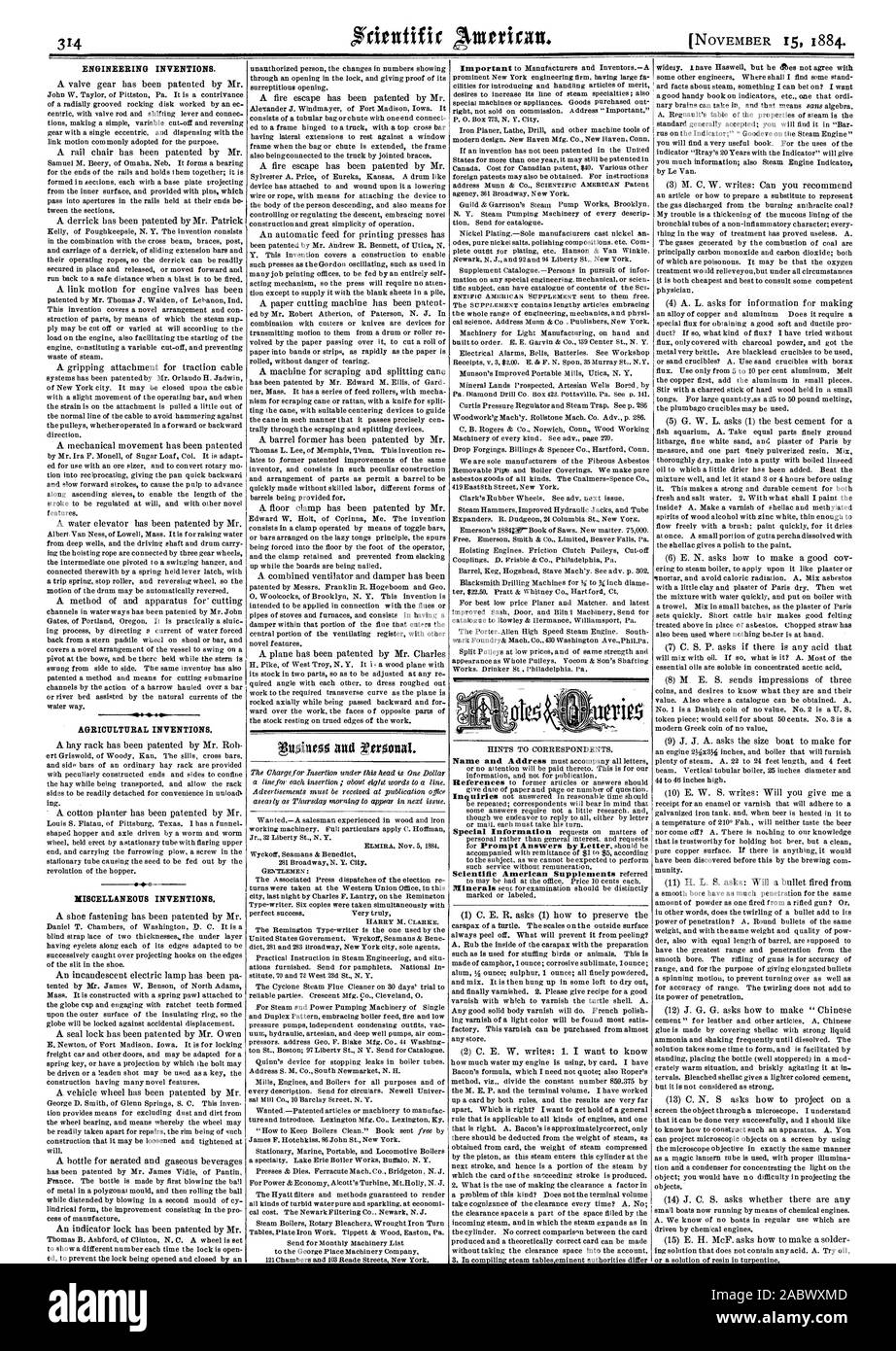 Technische Erfindungen. Landwirtschaftliche Erfindungen. Sonstiges Erfindungen. schaft., Scientific American, 1884-11-11 Stockfoto