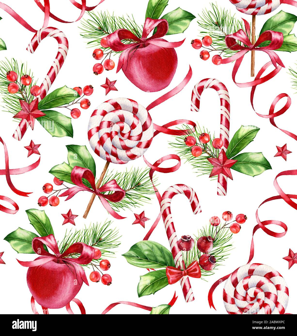 Weihnachten nahtlose Muster. Aquarell von Hand bemalt Abbildung mit Bonbons, Äpfel und roten Bändern. Design Oberfläche für den Winterurlaub, Begrüßung Stockfoto