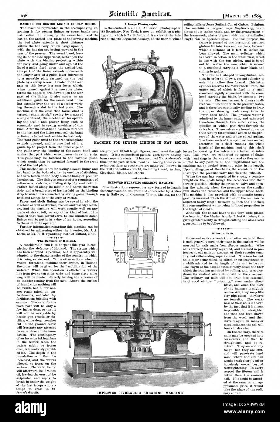 Maschine zum Nähen AUSKLEIDUNGEN IN HAT. Die Verteidigung von Holland. Ein großes Foto. Verbesserte HYDRAULISCHE SCHERMASCHINE. Faser in der Nägel. Maschine zum Nähen AUSKLEIDUNGEN IN HAT. Verbesserte HYDRAULISCHE SCHERMASCHINE., Scientific American, 1885-03-28 Stockfoto