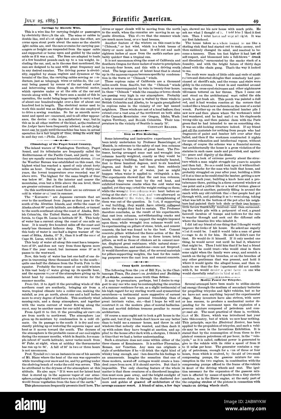 Die Beförderung durch elektrische Kabel. Klimatologie des Puget Sound Land. Eisen wie Feuer zu widerstehen. Crazy Quilt Architektur. Motive Power für Dreiräder., Scientific American, 1885-07-25 Stockfoto