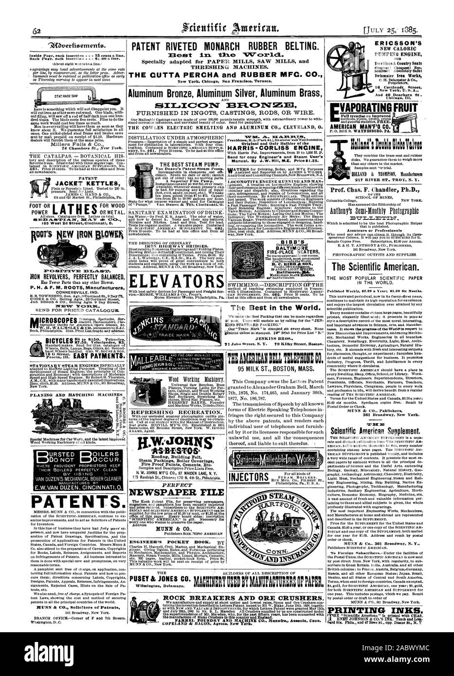 ERICSSON PUMPEN MOTOR Inhaber New York II. S. A. UND 40 Dearborn St. Chicag Illinois PATENT GENIETET MONARCH GUMMIRIEMEN. Dreschmaschinen. New York Chicag San francisc Toronto. Aluminium Bronze Aluminium Silber Aluminium Messing1 -. cnvzim Gussteile in Barren oder Stangen DRAHT EINGERICHTET. Die COWLES ELEKTRISCHE SCHMELZEN UND ALUMINIUM CO. CLEVELAND 0. 1. Co ES BTX'r Eisen 3 Revolver perfekt ausbalanciert, hat weniger Teile als alle anderen Gebläse. S. H.&F. M. WURZELN Hersteller CONNERSVILLE IND. Für günstige Katalog senden. Die besten DAMPF PUMPE. Bügeleisen AUTOBAHNBRÜCKEN. Aufzüge Original und nur Erbauer des Stockfoto