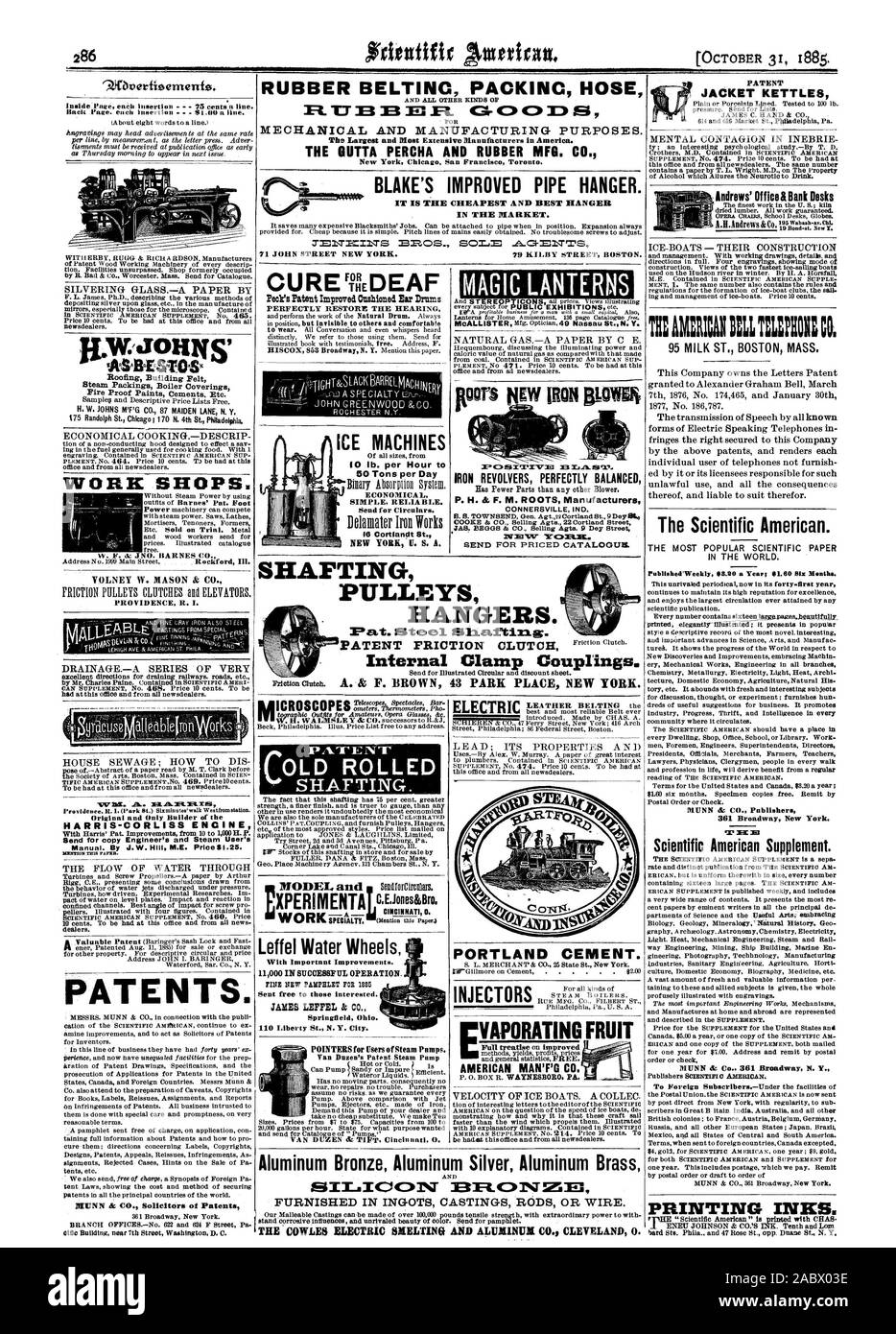 000 ERFOLGREICH IN BETRIEB KIEFER NEUE BROSCHÜRE FEIND 1885 schickte sich an Interessierte. Springfield Ohio. 0 Liberty St. N.Y. Stadt. Ein WOK HEILUNG FÜR Pecks Patent Verbesserte gepolsterten Trommelfell perfekt WIEDERHERSTELLUNG DER HÖRFÄHIGKEIT NATÜRLICHE GASA PAPIER DURCH C E. BÜGELEISEN REVOLVER perfekt ausgewogenen hat weniger Farts als alle anderen Gebläse. S. H.&F. M. WURZELN Hersteller CONNERSVILLE IND. Tr4 = 0. Xic. Für günstige Katalog senden. SHAFTING RIEMENSCHEIBEN Kleiderbügel. Pat. Werkzeug PATENT RUTSCHKUPPLUNG. Interne Klemmen Kupplungen. Aluminium Bronze Aluminium Silber Aluminium Messing WEI. IC0NT 3131 = 1. C: 1 NT-ZE, Scientific American, 1885-10 - Stockfoto