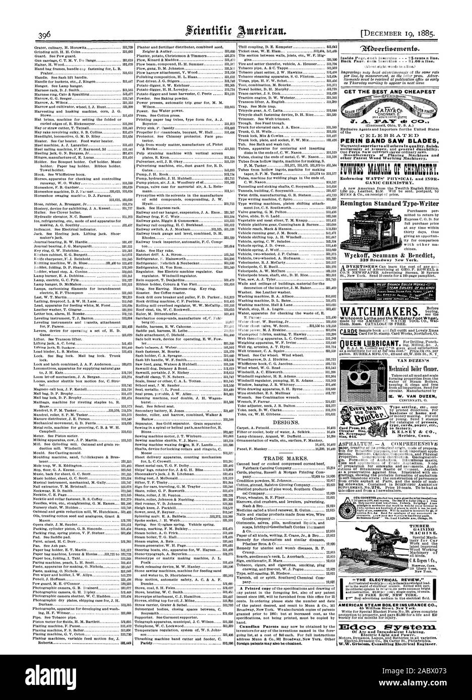 Roberts 381449 331586 Paiidy Thill Kopplung D.E. Kempster Ticket Fall W.E. Elam 331484 331485 ausländische Patente kann auch bezogen werden. Inside Seite jedem Einfügen - 75 Cent pro Zeile. Zurück Seite jedem Einfügen $ Ich.191 eine Linie. (Etwa acht Wörter zu einer Zeile). PERIN BANDSÄGEBLÄTTER andere Patent Holz Arbeitsmaschinen. E t Aussteifung WATT PHYSICA L und INOR GA NIC-CHEMIE. Remington Standard Type-Writer WEST BRANCH KESSEL WORKST o E.H. LA YALAcs Uhrmacher. ; Bue Whitcomb Drehbank und die Webster Rad VAN DUZEN des IE. W. VAN DUZEN Typ Karten Papier etc. auf die Werkseinstellungen. KELSEY & Co Meriden Anschl. 1 PO-Port Stockfoto