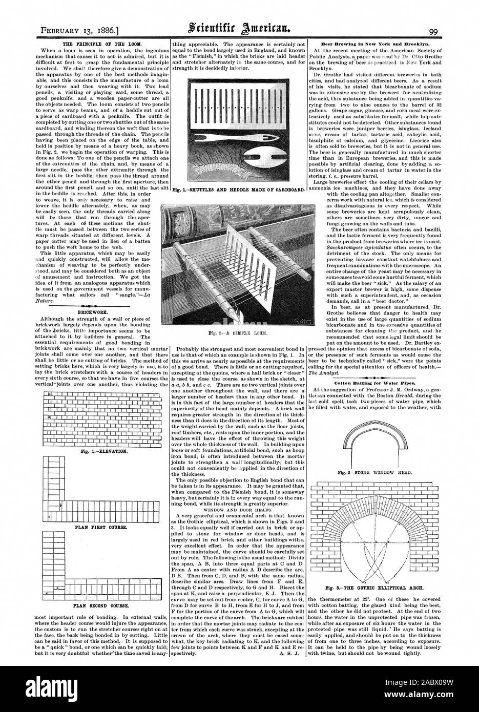 Das Prinzip der Webstuhl. Mauerwerk SHUTTLES UND HEDDLE AUS PAPPE. Bier brauen in New York und Brooklyn. Baumwolle Schlagen für Wasserleitungen. Abb. 2-STEIN FENSTER KOPF. Abb. 3. - DIE GOTISCHE ELLIPTISCHEN BOGEN. 1 E 1 1 C PLAN ERSTE KURS Abb. 2.- Ein einfacher Webstuhl., Scientific American, 1886-02-13 Stockfoto