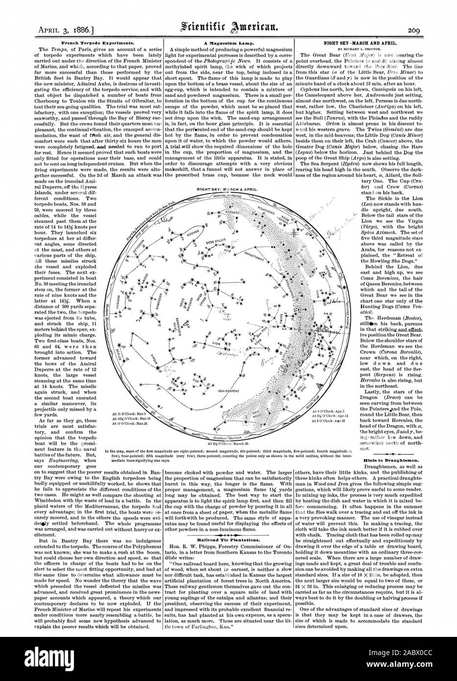Französische Torpedo Experimente. Ein Magnesium Lampe. 101 84 P Railroad Tie Plantagen. Nachthimmel - MÄRZ UND APRIL. Von Richard A. PROCTOR. S. Hinweise zu Verfassern., Scientific American, 1886-04-03 Stockfoto