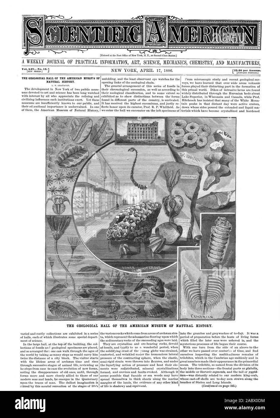 Bei der Post von New York N.Y. als zweiter Klasse abgeschlossen. Vol.WFL. - Nr. 16.1 F $ 3.20 pro Jahr. Die geologische Halle des American Museum of Natural History. Die geologische Halle des American Museum of Natural History., Scientific American, 1886-04-17 Stockfoto