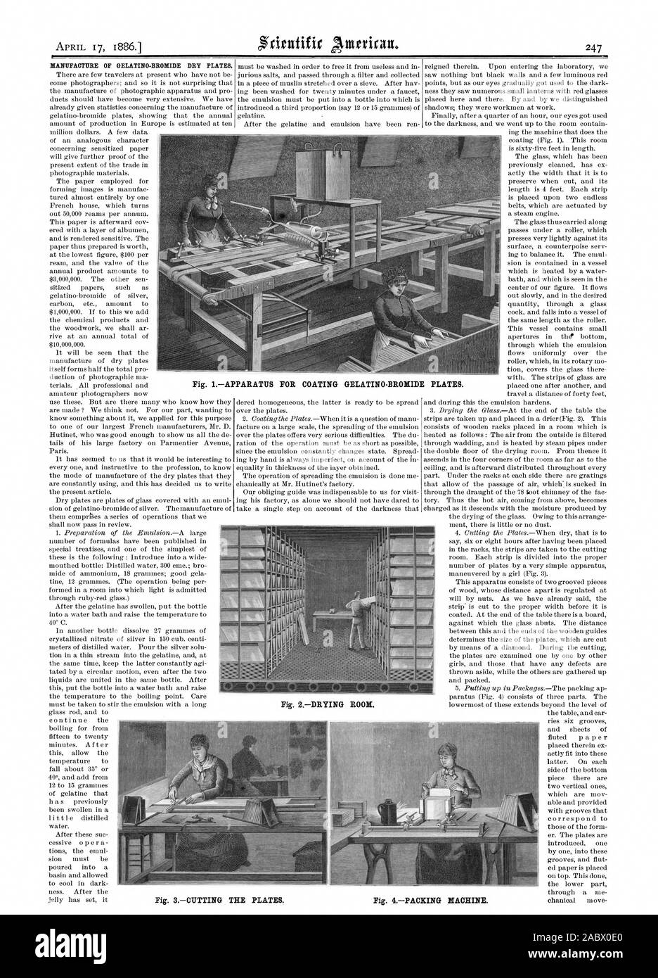 Herstellung von OELATINO METHYLBROMID TROCKEN PLATTEN. Abb. IAPPARATUS für die Beschichtung von GELATINO-BROMID E PLATTEN., Scientific American, 1886-04-17 Stockfoto
