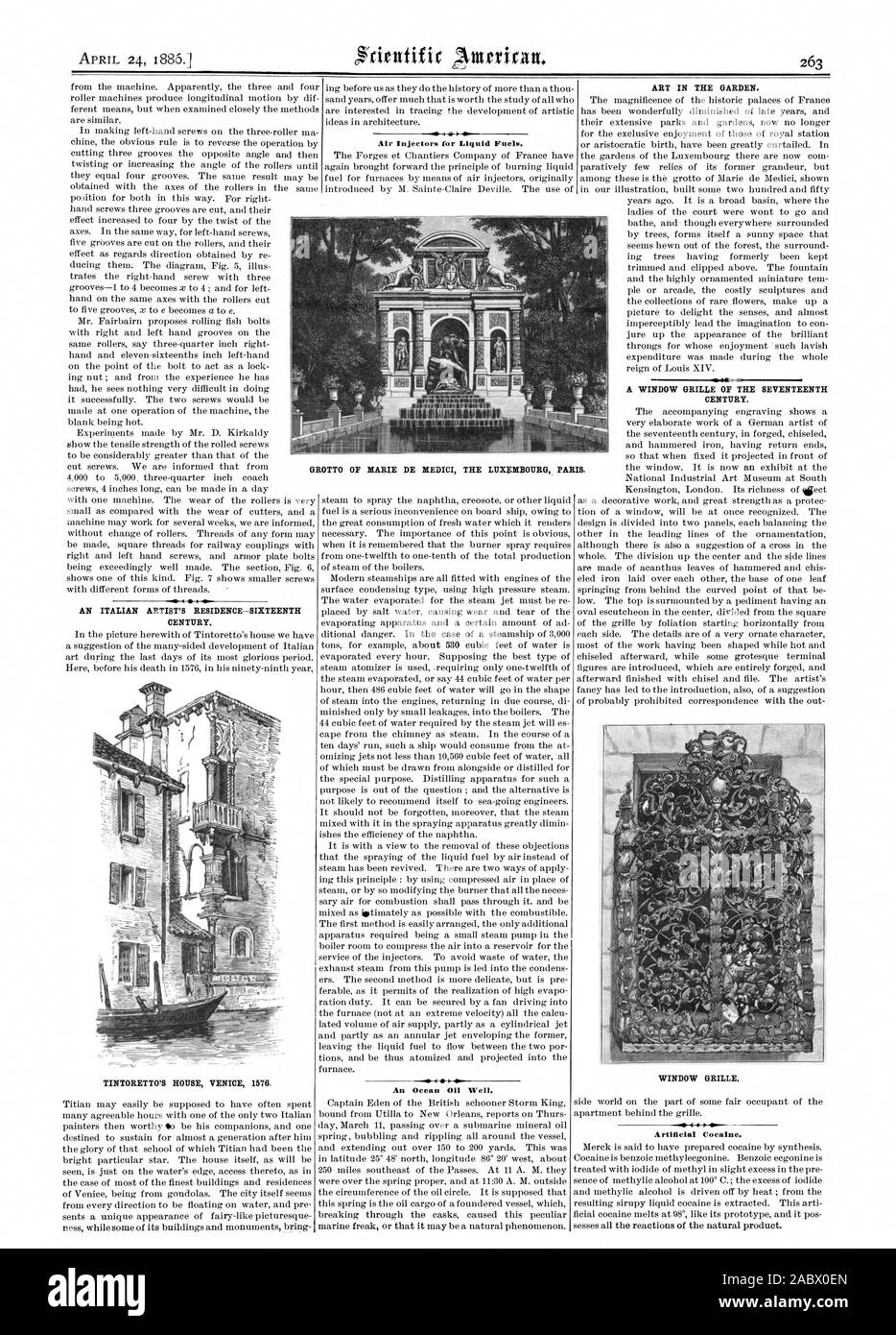 24. APRIL 1885. Die italienische Künstlerin'S RESIDENCE - 16. Jahrhundert. TINTORETTO HAUS VENEDIG 1576. Die Einspritzdüsen für flüssige Brennstoffe. Ein Ozean Öl gut. Kunst im Garten. Ein Fenster GITTER DES SIEBZEHNTEN JAHRHUNDERTS. Grotte von Marie de Medici die LITUMBOURG PARIS. Fenster Gitter. Künstliche Kokain., Scientific American, 1886-04-24 Stockfoto
