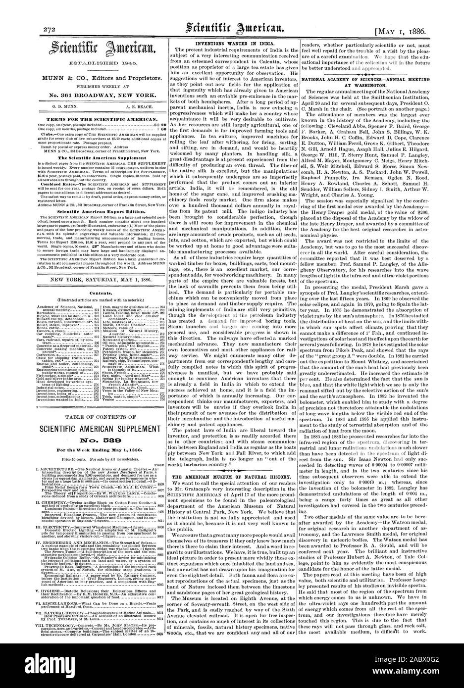 Erfindungen IN INDIEN. Nr. 361 BROADWAY NEW YORK. Bedingungen für den Scientific American. Ergänzung der Scientific American Scientific American Export Edition. Inhalt. SCIENTIFIC AMERICAN SUPPLEMENT Nr. oder für die Woche bis 1. Mai 1886. Das amerikanische Museum der Naturgeschichte. Nationale Akademie der SCIENCESANNUAL SITZUNG IN WASHINGTON., 1886-05-01 Stockfoto