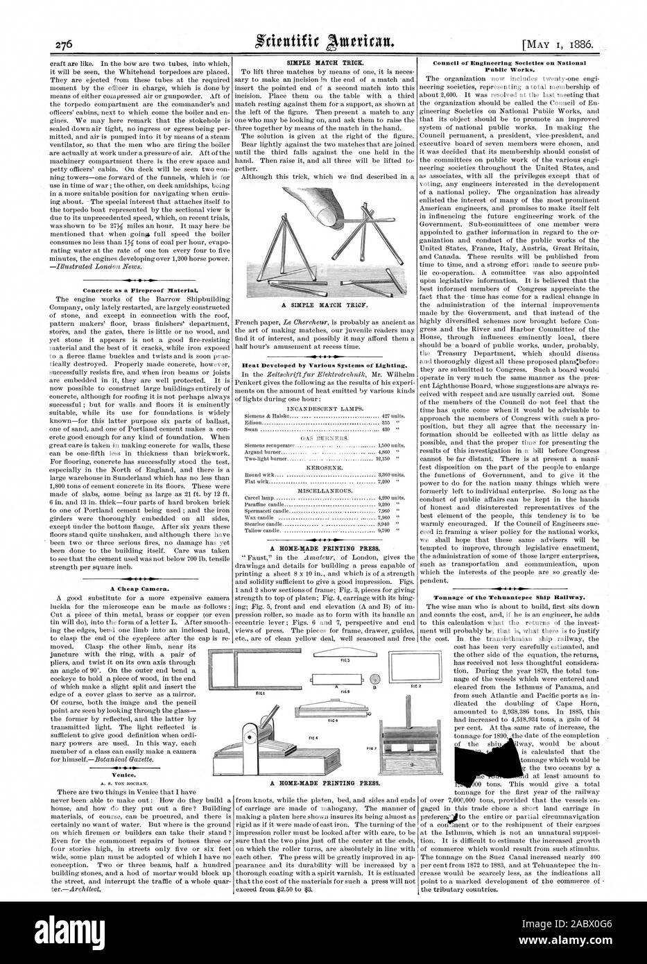 Wie ein feuerfestes Material Beton. Eine billige Kamera. Venedig. Einfache Spiel Trick. Ein einfaches Spiel TRICY. Wärme, die von verschiedenen Systemen der Beleuchtung entwickelt. Eine Druckmaschine. 5163 TA 5 des Engineering Gesellschaften auf nationale öffentliche Arbeiten. Tonnage der Tehuantepec Schiff Bahn., Scientific American, 1886-05-01 Stockfoto