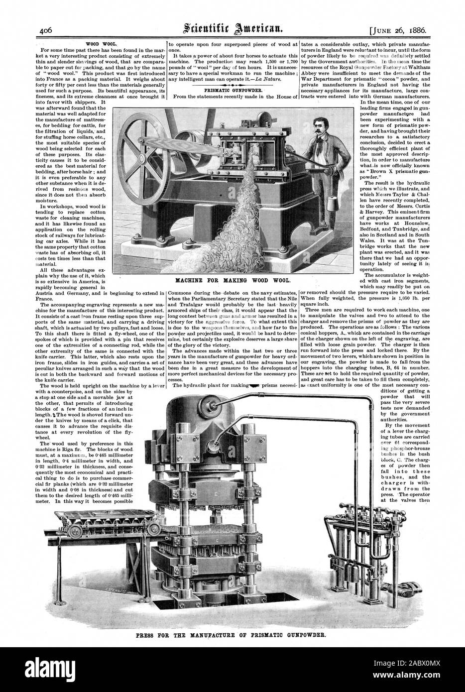 Holzwolle. Prismatische Schießpulver. Maschine für die Herstellung von HOLZWOLLE. Drücken SIE FÜR DIE HERSTELLUNG VON PRISMATISCHEN SCHIESSPULVER., Scientific American, 1886-06-26 Stockfoto