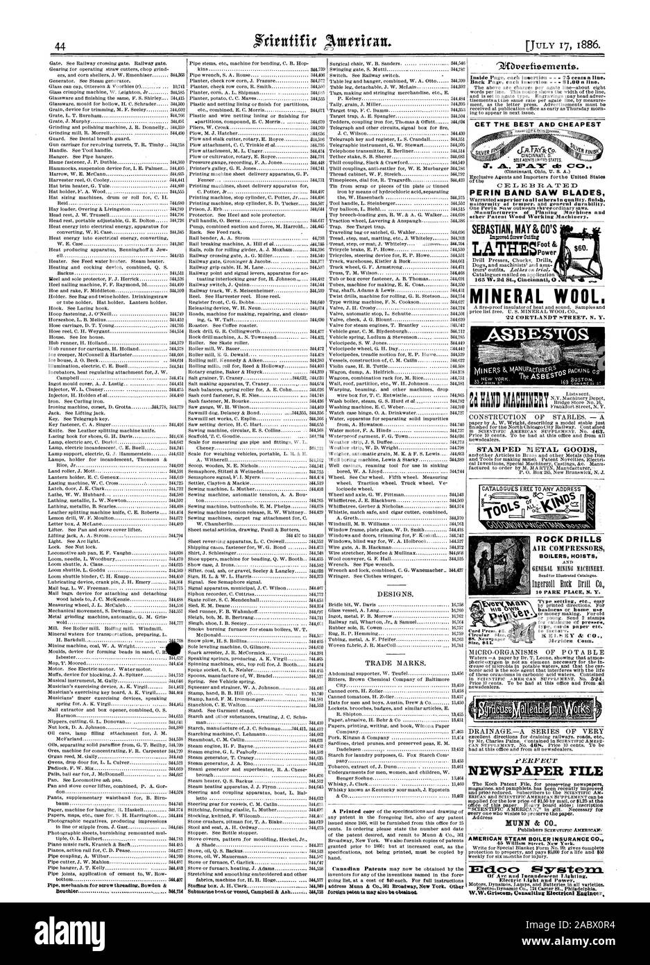 Aus gestanztem Metall waren GESTEINSBOHRHÄMMER KOMPRESSOREN KESSEL HEBEZEUGE Einstellung etc. einfache Geschäft oder privat verwenden und geben Sie Karten, Papier etc. Inside Seite Einfügungen. 75 Cent pro Zeile. CE L E B BEWERTET PERIN BANDSÄGEBLÄTTER Einheitlichkeit der Temperament. und allgemeine Haltbarkeit. Hersteller von Hobelmaschinen und andere Patent Holz Arbeitsmaschinen. Mineral wool. 212 CORTLANDT STREET N.Y. t'Elt ABER ZEITUNG HAUFEN MUNN&C AMERIKANISCHE DAMPFKESSEL VERSICHERUNG C elektrische Licht und Kraft., Scientific American, 1886-07-17 Stockfoto