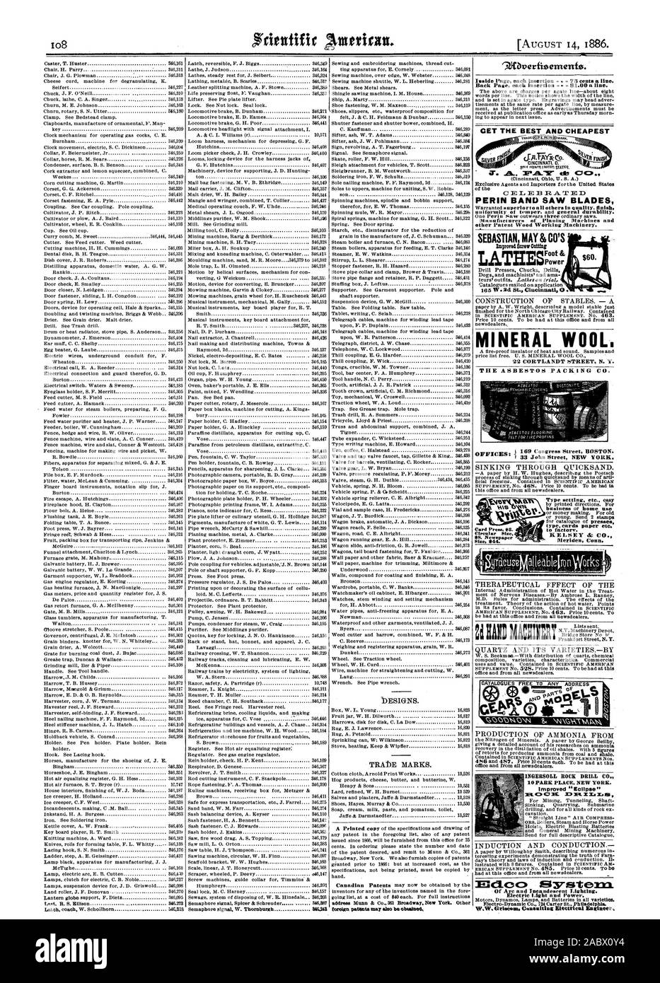 Inside Seite jedem Einfügen 75 Cent pro Zeile. CET DIE BESTEN UND BILLIGSTEN der C F 1 ICH EDRA T E PERIN BANDSÄGEBLÄTTER andere Patent Holz Arbeitsmaschinen. SEBASTIAN MAI & CO THESFoot Power Mineral wool. 22 CORTLANDT STREET N.Y., DIE ASBEST VERPACKUNG CO 169 Congress Street Boston. Büros: INGERSOLL GESTEINSBOHRHAMMER CO. Verbesserte 'Eclipse' von Bogen- und Glühlampen ausgestattet. Elektrisches Licht und Strom. Typ Karten Papier etc. auf die Werkseinstellungen. Meriden Anschl. Karte drücken. $ 8. Kreisförmige Größe 8 $. Zeitung Größe 44 $., Scientific American, 1886-08-14 Stockfoto