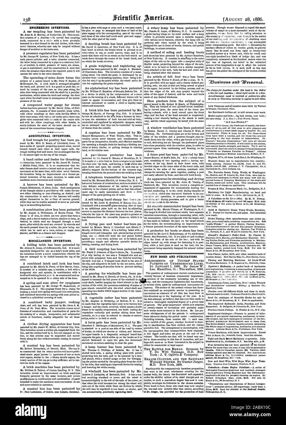 ENBINNERING ERFINDUNGEN. Landwirtschaftliche Erfindungen. Sonstiges Erfindungen. IMES. Herr Paul Lochmann Gohlis in der Nähe von Leipzig Deutschland. Es hat eine Platte mit Stiften oder Stifte und einen zweiteiligen Kamm laufen automatisch sich quasi wie von selbst regulieren. Neue BÜCHER UND PUBLIKATIONEN. Kürzungen von UNITEIP STAATEN PATENTE AUF U-Bahnlinien GESUNDHEIT KULTUR UND DIE SANITÄRE emplar so hervorragend, dass es nun kom plett Umschläge ihre Anhänger im gewählten Material. rZ3 usiness ein 'Werocrnat. & Swasey Cleveland Ohio. Ancy von phits und alle, die Freude und Zufriedenheit zu einem Herzen glücklich durch geben Stockfoto