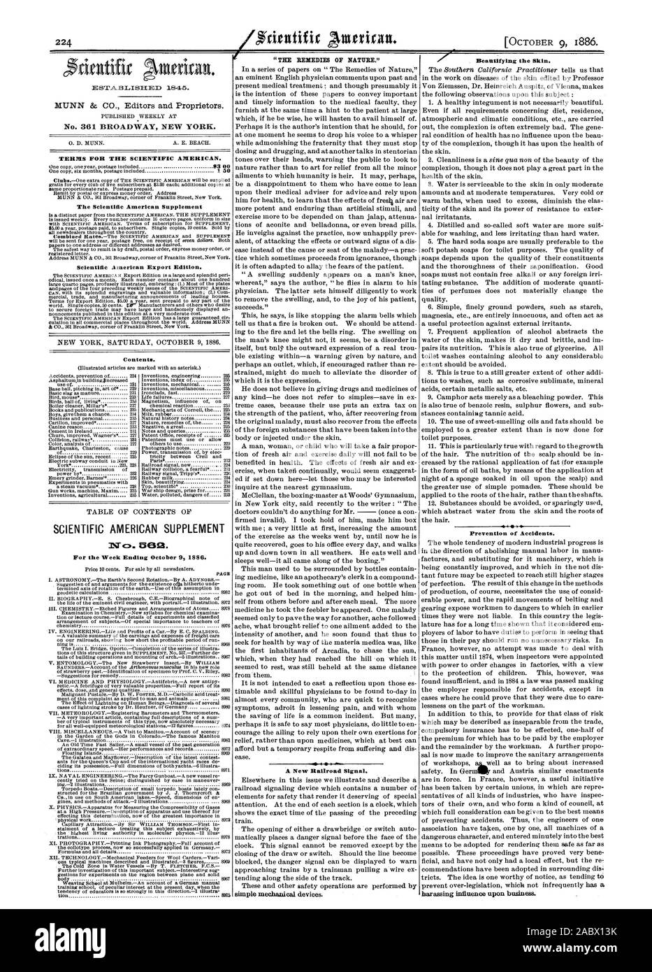 Eine neue Eisenbahnlinie Signal. Die Verschönerung der Haut. Verhütung von Unfällen. Nr. 361 BROADWAY NEW YORK. Bedingungen für den Scientific American. 93 00 1 50 Der Scientific American Supplement Scientific American Export Edition. Inhalt. SCIENTIFIC AMERICAN SUPPLEMENT für die Woche endet am 9. Oktober 1886., 1886-10-09 Stockfoto