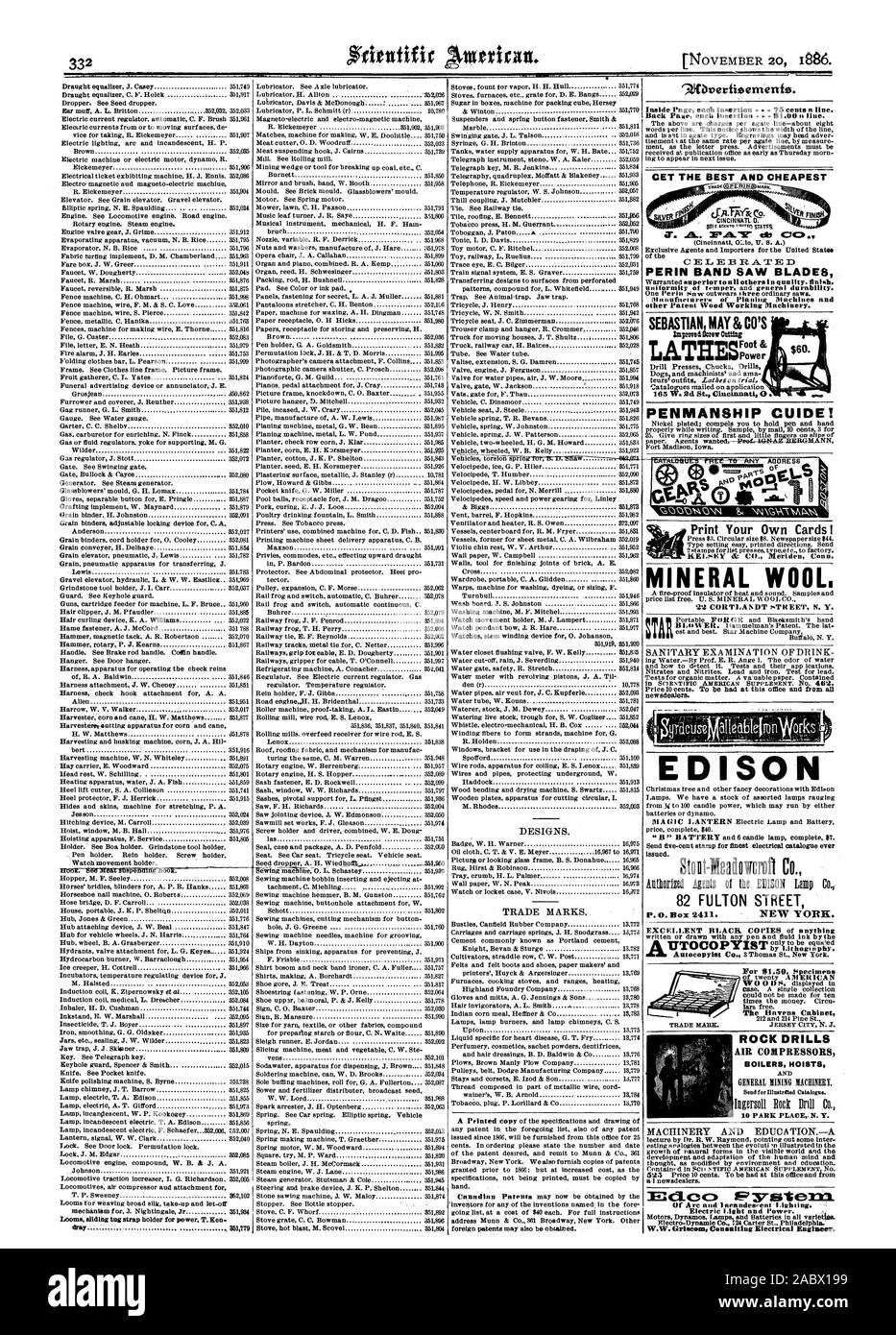 Andere Patent Holz Arbeitsmaschinen. Kalligraphie CUIDE ich drucken Sie Ihre eigenen Karten 1 MINERALWOLLE. 22 CORTLA N DT sT EET N.Y. EDISON ausgezeichnete schwarze Exemplare von allem für S 1,50 Exemplare GESTEINSBOHRHÄMMER KOMPRESSOREN KESSEL HEBEZEUGE Ingersoll Stange bohren Co 10 Park Place. N.Y. von Arc und ich acandest. Hno-Beleuchtung. Elektrisches Licht und Strom. Fuß & Leistung 165 W. glci St. Cincinnati 0. TIIES, Scientific American, 1886-11-20 Stockfoto