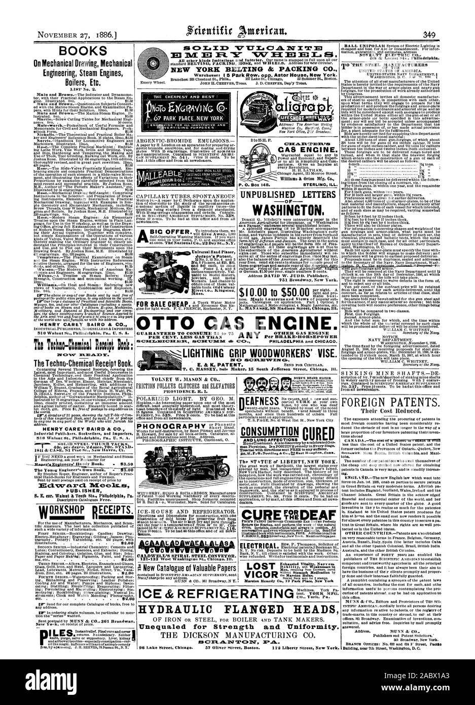 EAFNESS Mann Arzt. Ist eine positive Abhilfe in jeder Phase. York Pa. HYDRAULISCHE FLANSCH KÖPFE Unerreicht für Stärke und Einheitlichkeit. Ist CIF&A. 1 7 1 0 96 Lake Street Chicag 57 Oliver Street Boston. 2 Liberty Street New York., Scientific American, 1886-11-27 Stockfoto