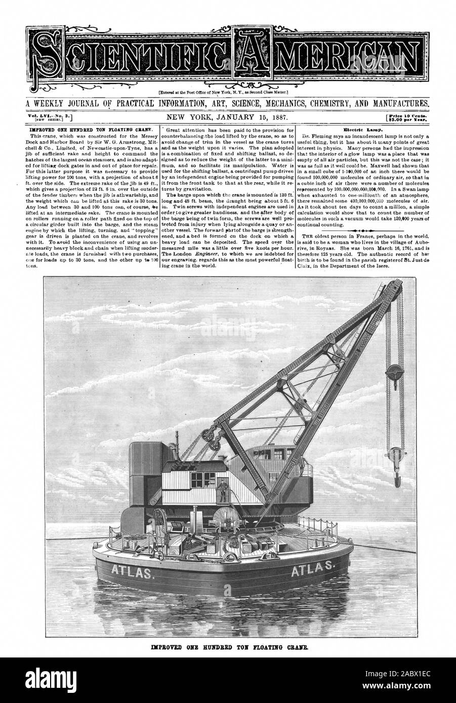 Moleküle in einem solchen Vakuum würde 120100 Jahre kontinuierliche Zählung. TttE älteste Person in Frankreich vielleicht in der Welt ist, eine Frau zu sein, die das Leben im Dorf von Aube rive in Royaas. Sie wurde am 16. März 1761 geboren und ist somit 125 Jahre alt. Die authentische Aufzeichnung Ihrer Claix im Departement Isere. Hundert Tonnen schweren SCHWIMMKRAN HUNK SCIENTIFIC AMERICAN 1887 Inc., 1887-01-15 verbessert Stockfoto