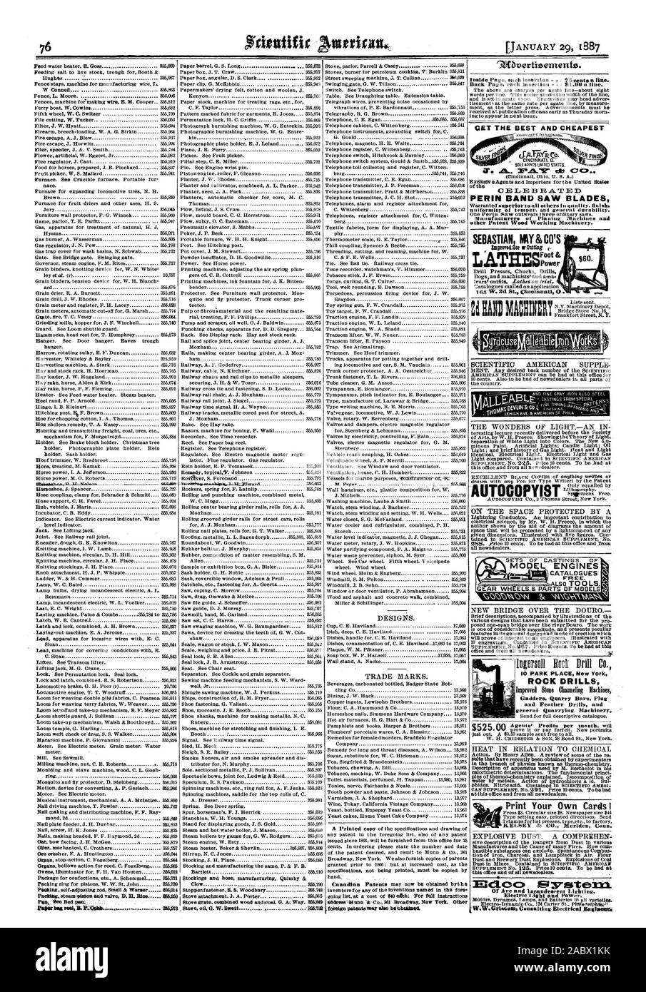 356018 Dichtring für Kolben. W. W. St. John 855730 Peeking Selbsteinstellend rot Klein & Wanner 8554 Faekilag gemeint war 'Kolben und Ventil D. H. Reis 865950 356.973 GESTEINSBOHRHÄMMER verbesserte Stein Channeling Maschinen Gadders Steinbruch Bars Stopfen und Feder Bohrer und, Scientific American, 1887-01-29 Stockfoto