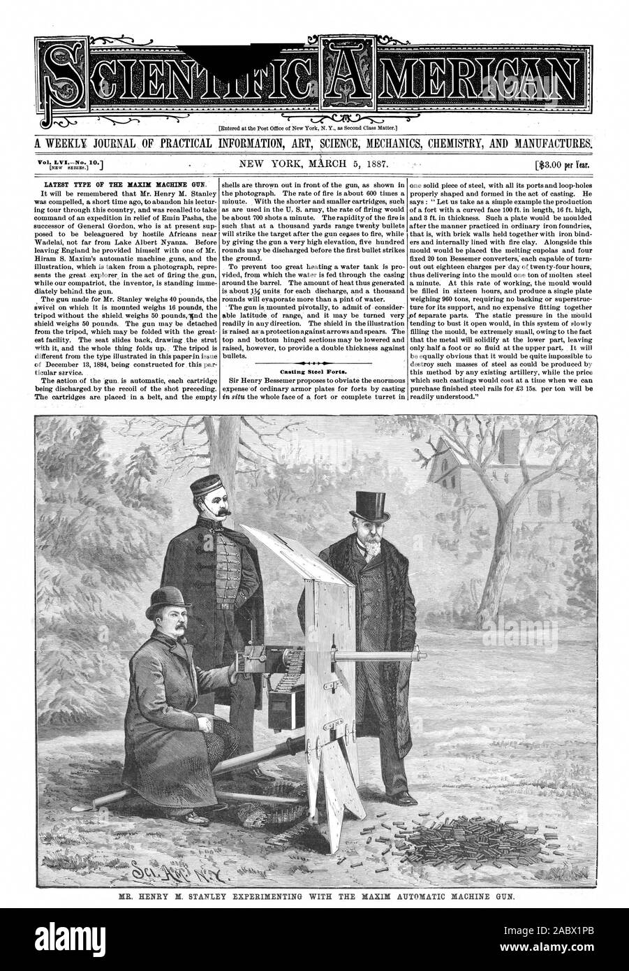 Vol. Lvi Nr. 10.1 NEUESTE ART DER MAXIM MACHINE GUN. Stahlguß-Forts. Herr Henry M. STANLEY experimentieren mit der Maxime der automatischen MASCHINENGEWEHR., Scientific American, 1887-03-05 Stockfoto