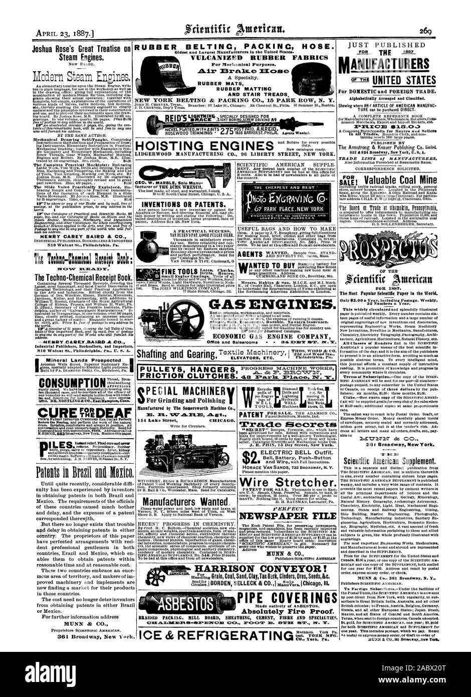 ANTED ZU KAUFEN, FÜR DES Josua machte sich die große Abhandlung über Dampfmaschinen. Gummiriemen VERPACKUNG SCHLAUCH. Aus vulkanisiertem Gummi Textilien für mechanische Zwecke. Ich GUMMIMATTEN GUMMIMATTEN UND TREPPE SPURWEITEN NEW YORK BELTING & PACKING CO. 15 PARK ROW N.Y. LIDGERWOOD MANUFACTURING CO 96 LIBERTY STREET NEW YORK. 221 Aufzüge etc. THOS. Holz & Co. Philadelphia Pu FORTSCHRITTE MASCHINE arbeitet einfach sicher wirtschaftlich Langlebig. Keine zusätzliche Versicherung. Wirtschaftliche GAS ENGINE COMPANY GASMOTOREN. HARRISON BAND! Die Abdeckungen ganz aus Asbest. Absolut Feuerfest. Geflochtene Kommissionierung. HILL BOARD UMMANTELUNG ZEMENT Stockfoto