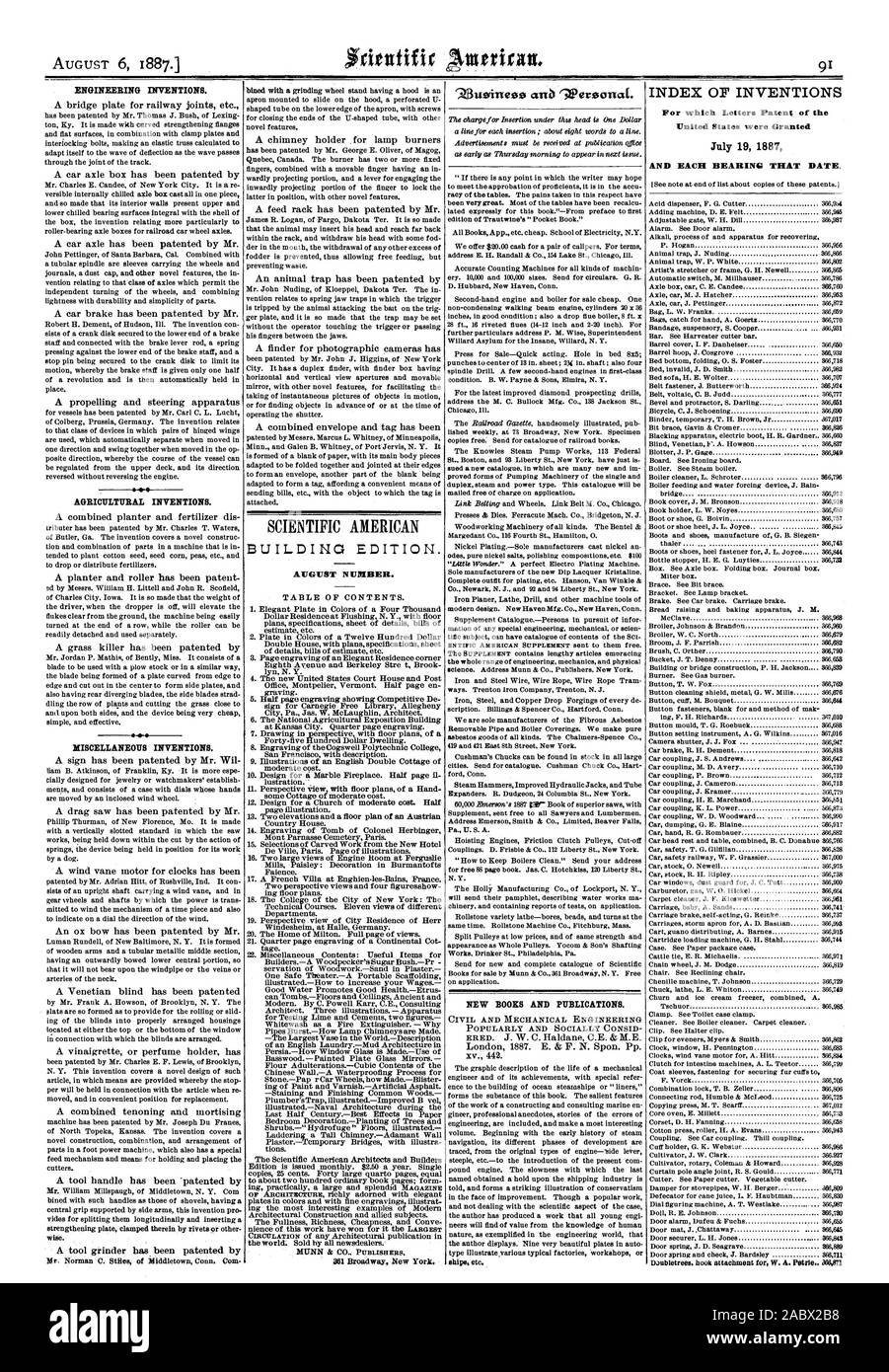 Technische Erfindungen. Landwirtschaftliche Erfindungen. Sonstiges Erfindungen. SCIENTIFIC AMERICAN GEBÄUDE EDITION. AUGUST NUMMER. 361 Broadway. New York. (Z 3 uedinese ein 'Wersonat. Neue BÜCHER UND PUBLIKATIONEN. INDEX DER ERFINDUNGEN, für die Buchstaben Patent des 19. Juli 1887 und jedes Lager, dass Datum., 1887-08-06 Stockfoto