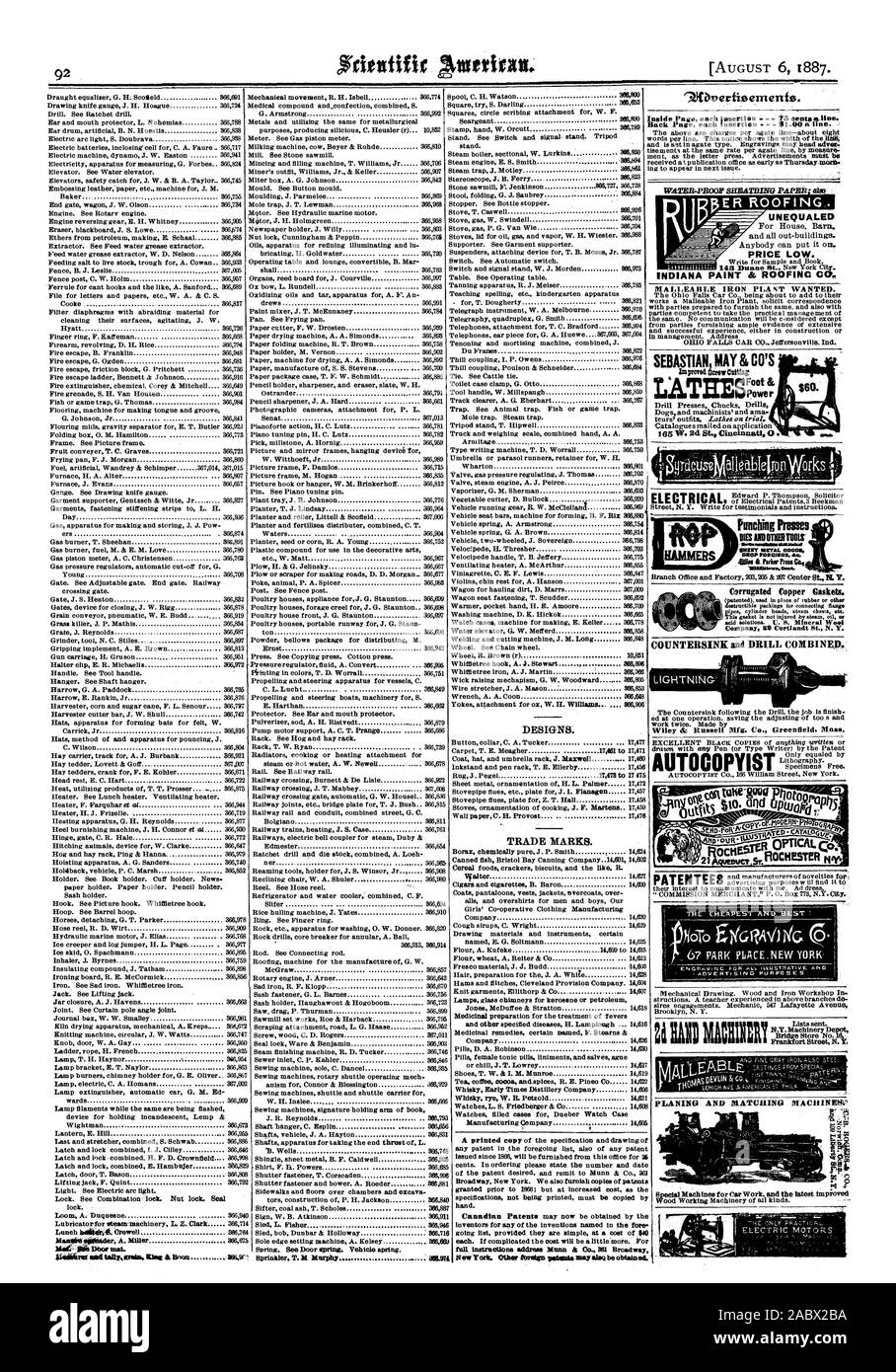 Und alle Gebäude. Jeder kann es. t. Preis niedrig. INDIANA PAINT & ROOFING CO. TEMPERGUSS ANLAGE wollte. Gewellt Kupfer Dichtungen. hiPower SEBASTIAN MAI 86 CO imp.4 cc. cuttin Stanzautomaten IDES ANDOISERTMIS VEREINHEITLICHEN METALL 00005. MOP IMIRO 05. itha & PghrProsC 1, Scientific American, 1887-08-06 Stockfoto