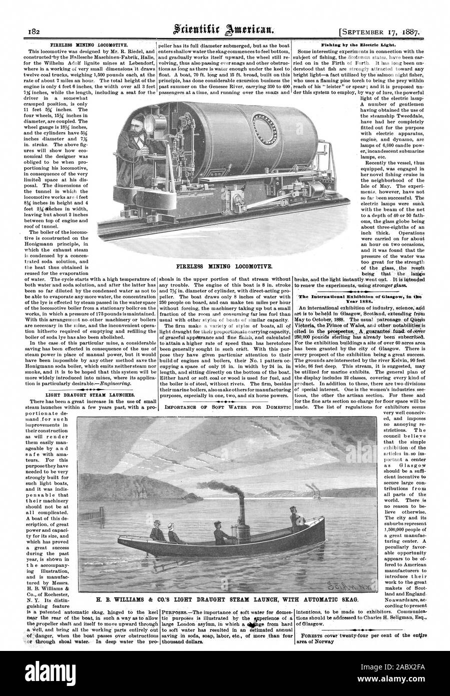 Amazon.de LICHT ENTWURF STEAM STARTEN FIRELESS Bergbau Lokomotive. 4-H-Kranke LICHT ENTWURF STEAM STARTET. Fischfang durch das elektrische Licht. Die internationale Ausstellung von Glasgow im Jahr 1888. Bereich von Norwegen FIRELESS Bergbau Lokomotive. Mit AUTOMATISCHER SICAG., Scientific American, 1887-09-17 Stockfoto